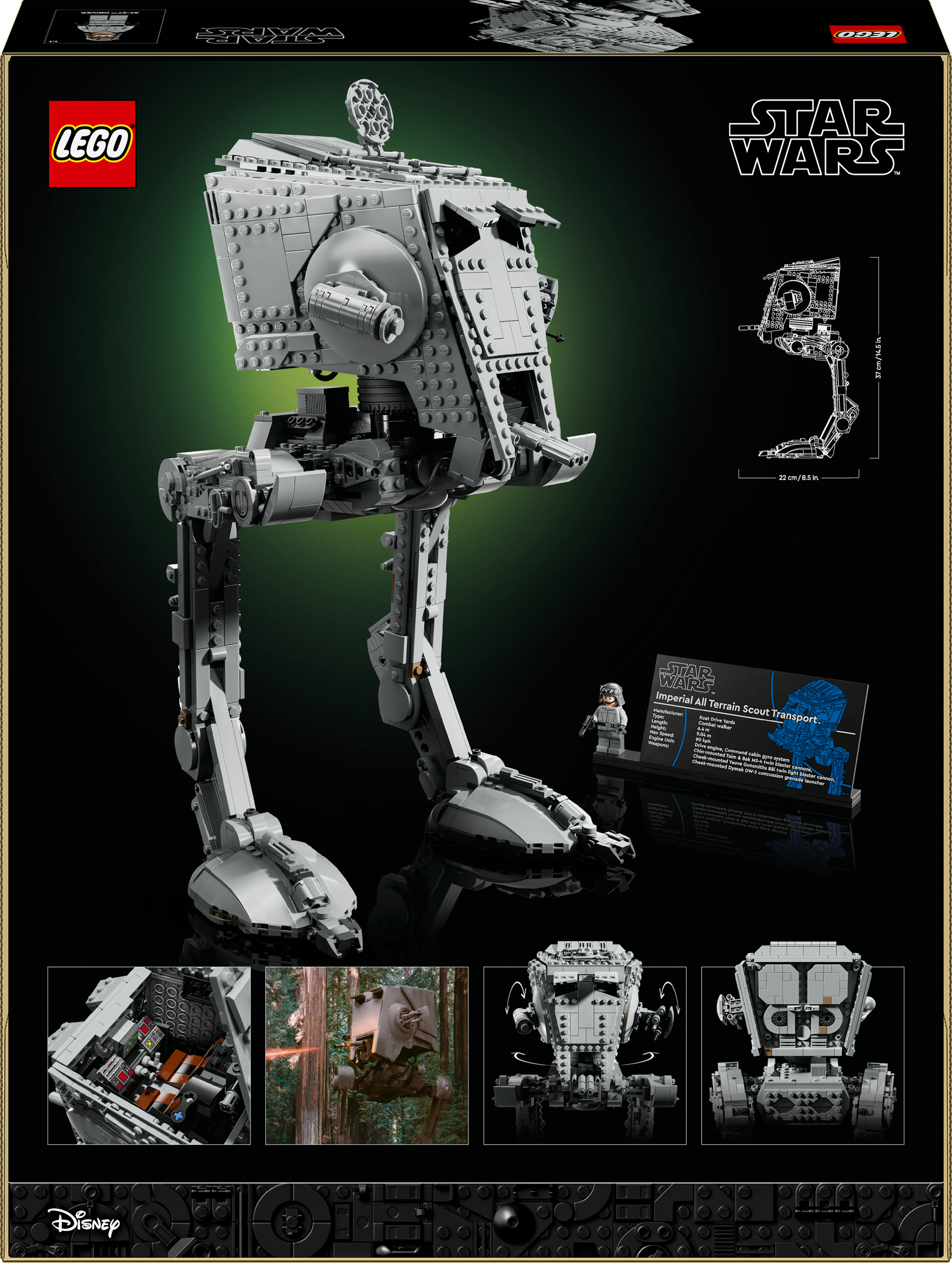 Pudełko zestawu LEGO Star Wars. Szary model AT-ST. Zawiera diagramy, minifigurkę i dodatkowe wstawki obrazów.