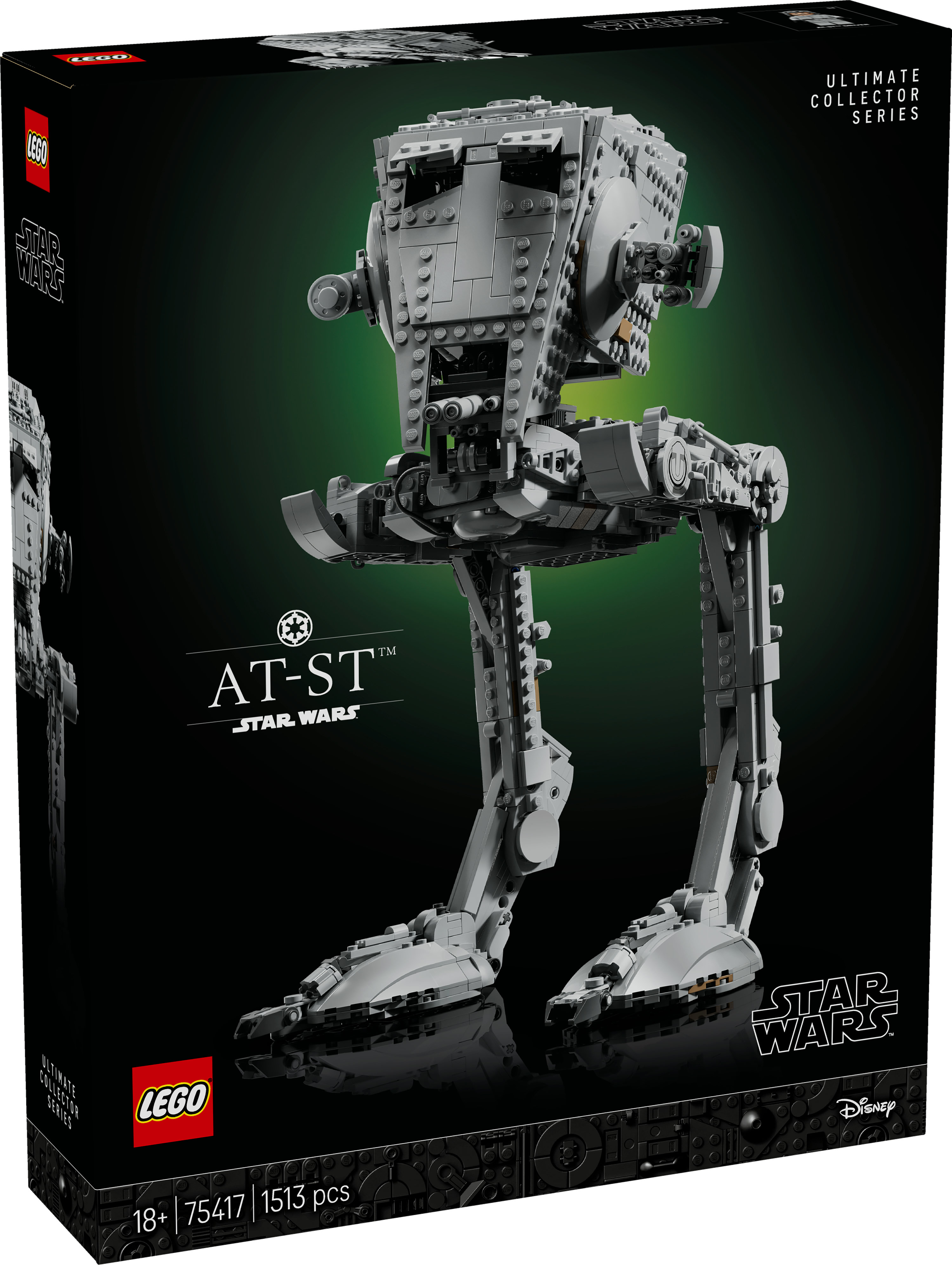 Pudełko zestawu LEGO Star Wars AT-ST. Szary AT-ST na czarnym tle. Widoczne logo LEGO i Star Wars.