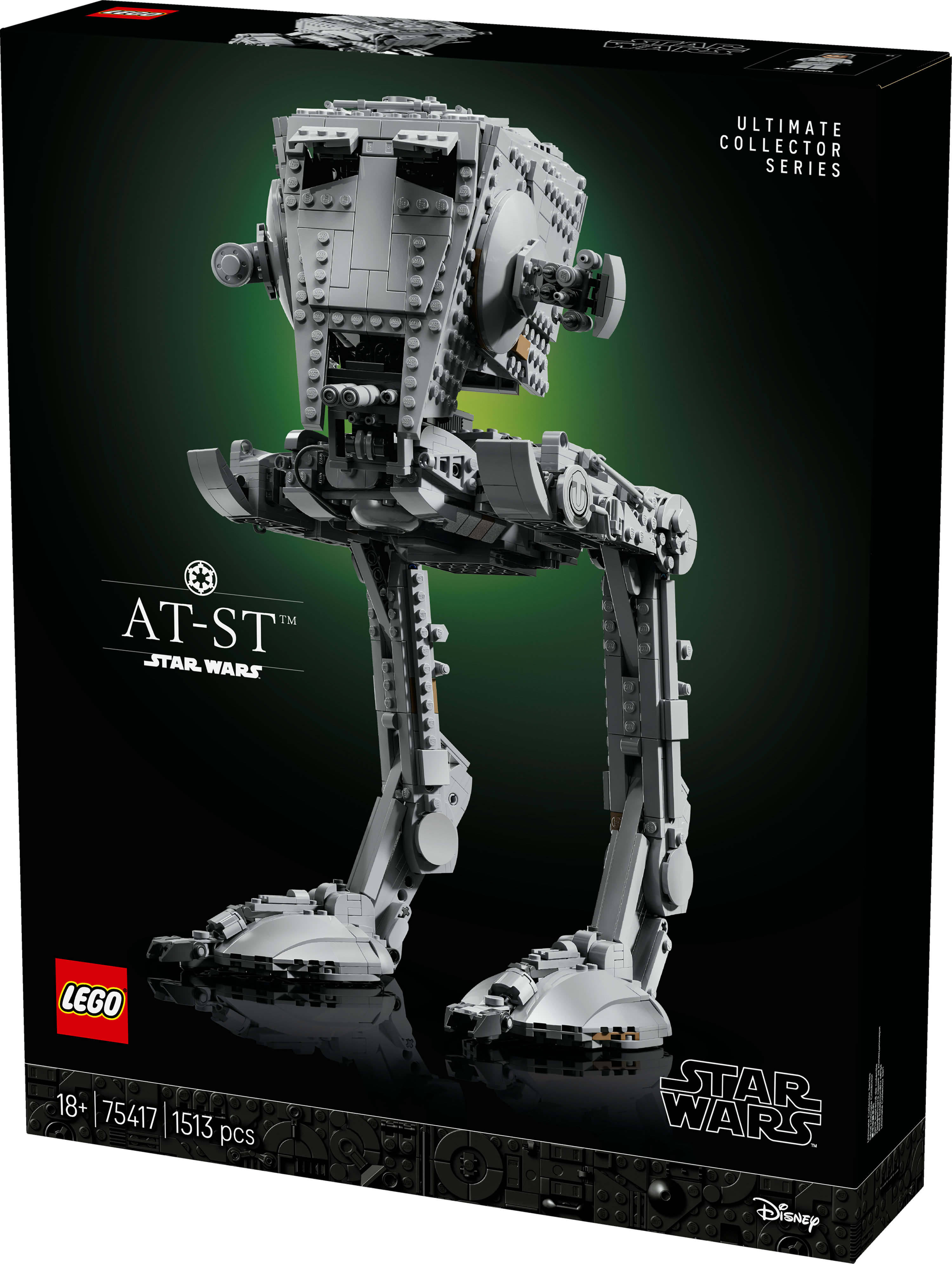 Model LEGO AT-ST z Gwiezdnych Wojen jest wyświetlany na czarnym tle. Na pudełku znajduje się również logo LEGO i logo Gwiezdnych Wojen.