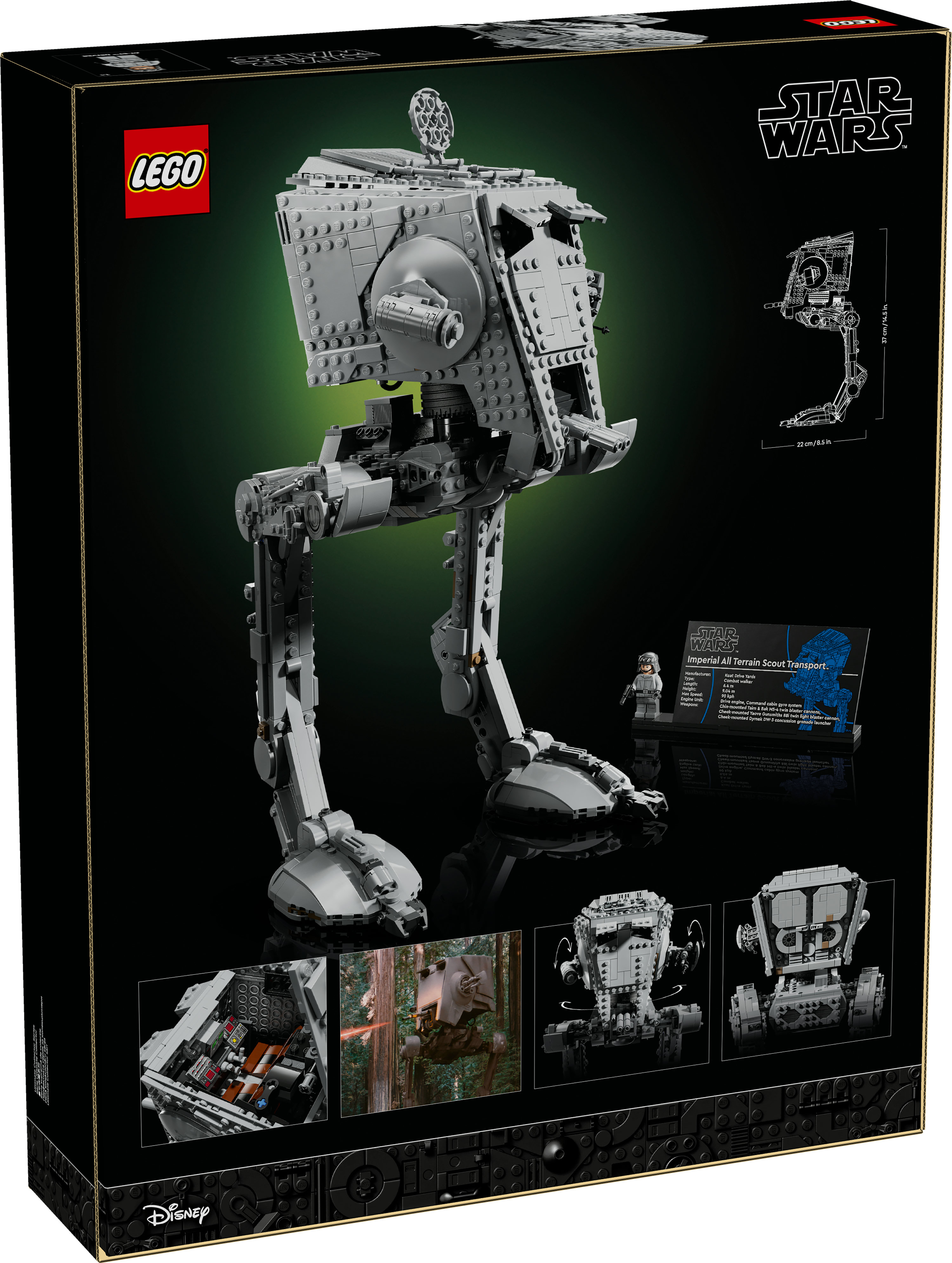 Grafika na pudełku przedstawia model Lego AT-ST. Jest szary, z zielonym tłem i marką Star Wars.
