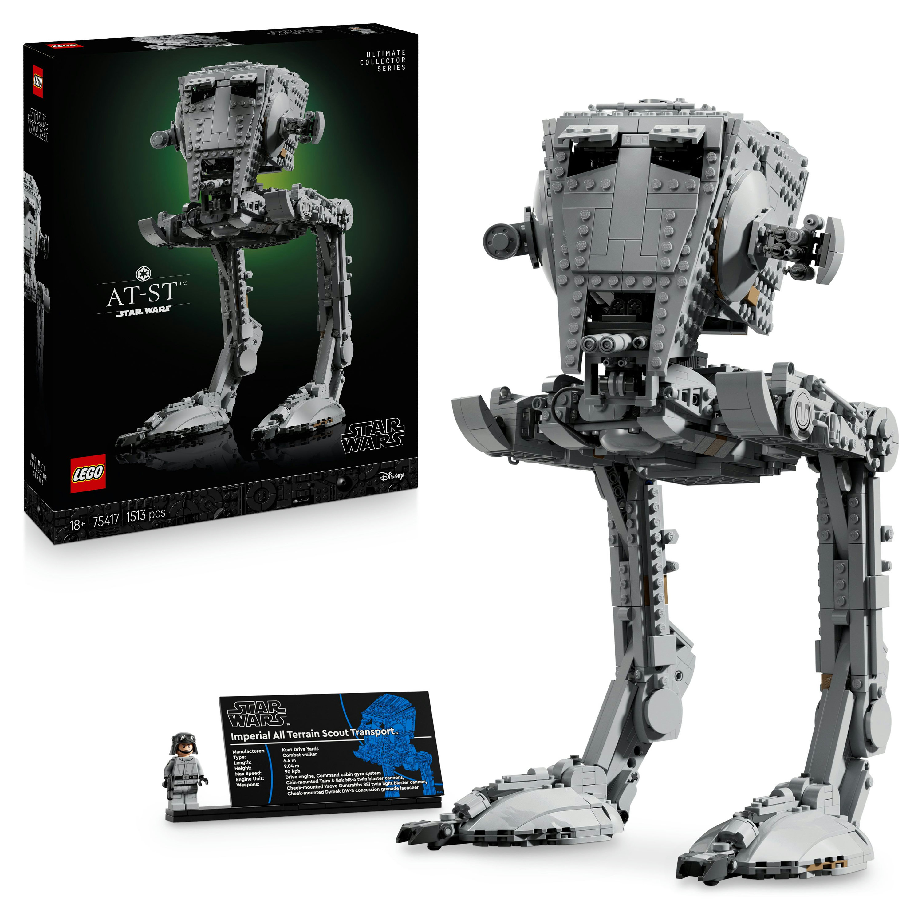 Model LEGO AT-ST z Gwiezdnych Wojen. Jest szary, z grafiką pudełka i kartą informacyjną. Zawiera również minifigurkę.