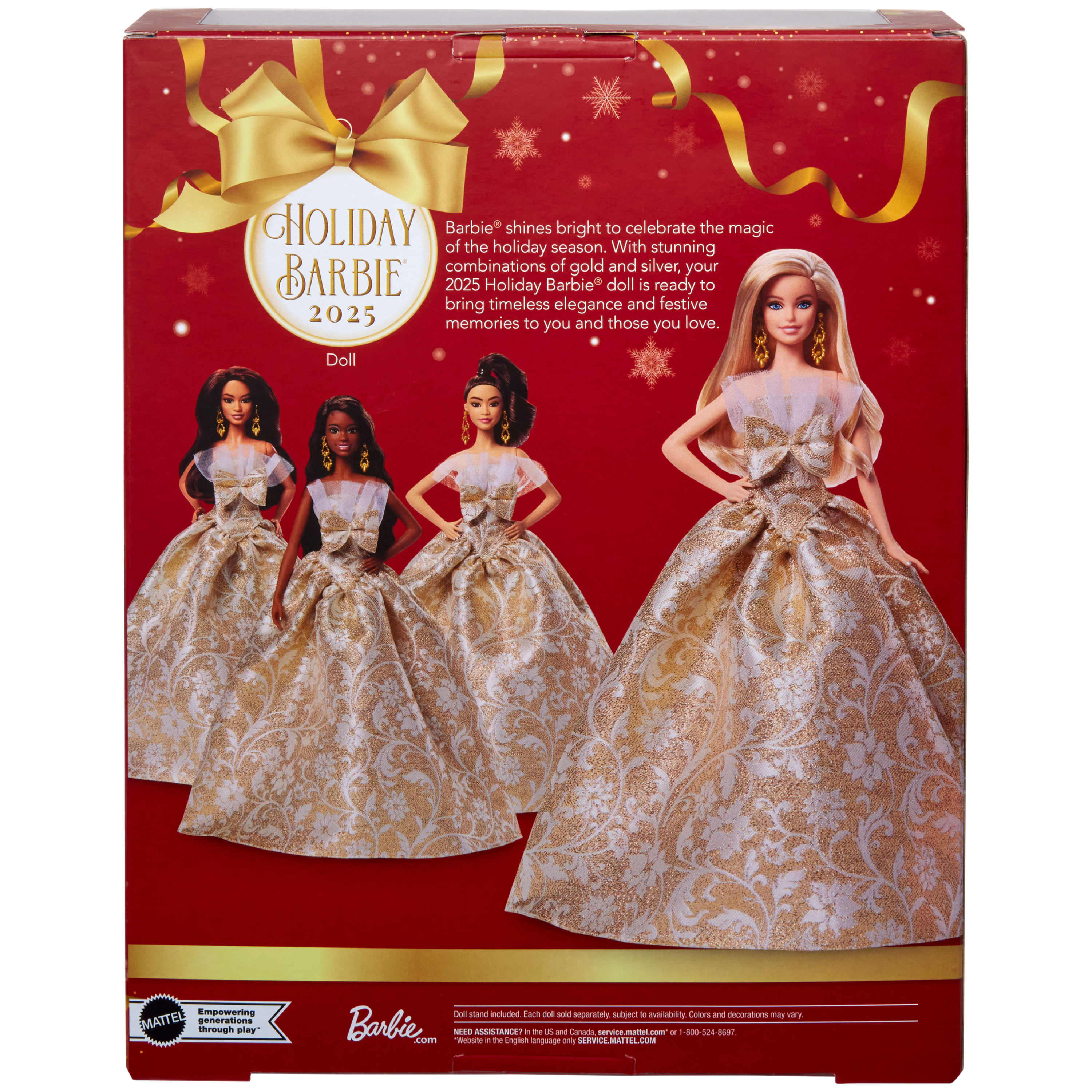 Holiday Barbie-Puppenbox. Enthält Puppen in goldenen Kleidern. Text enthält 'Holiday Barbie 2025' und 'Mattel'.