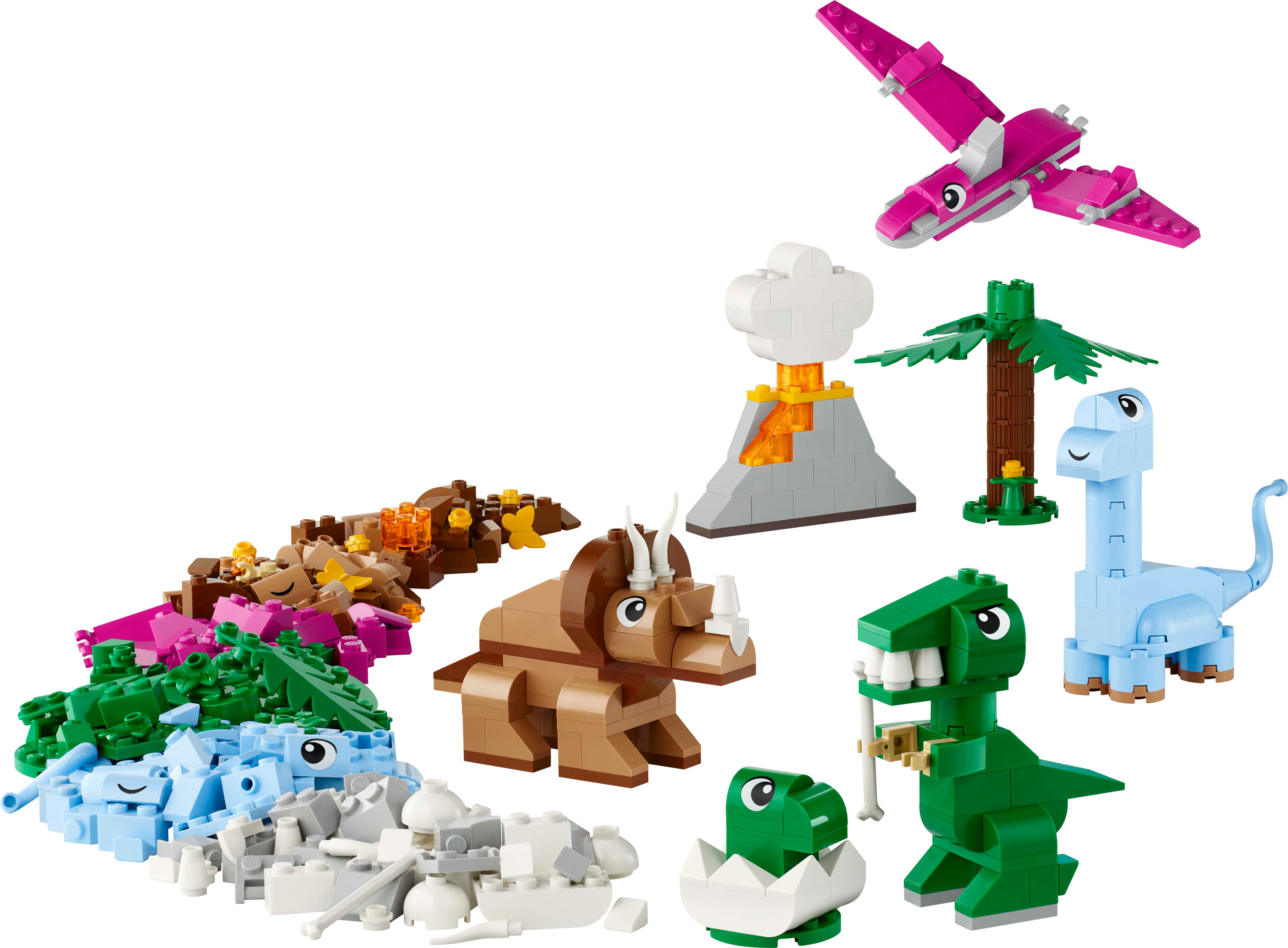 Kolorowy zestaw dinozaurów Lego z różnymi dinozaurami, wulkanem i roślinami na białym tle.