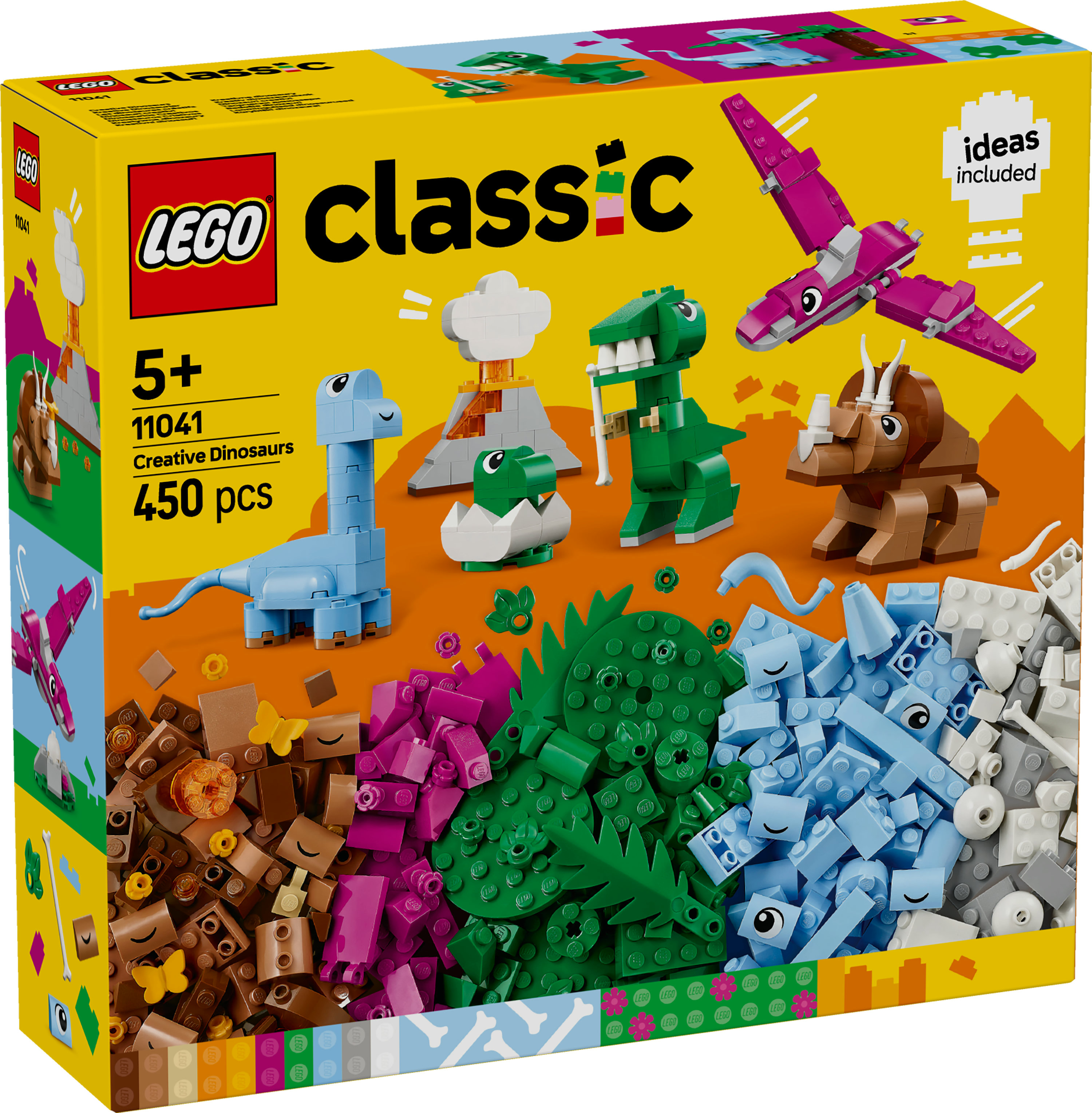 Pudełko Lego Classic Creative Dinosaurs. Zawiera różne konstrukcje dinozaurów, kolorowe klocki i logo Lego.