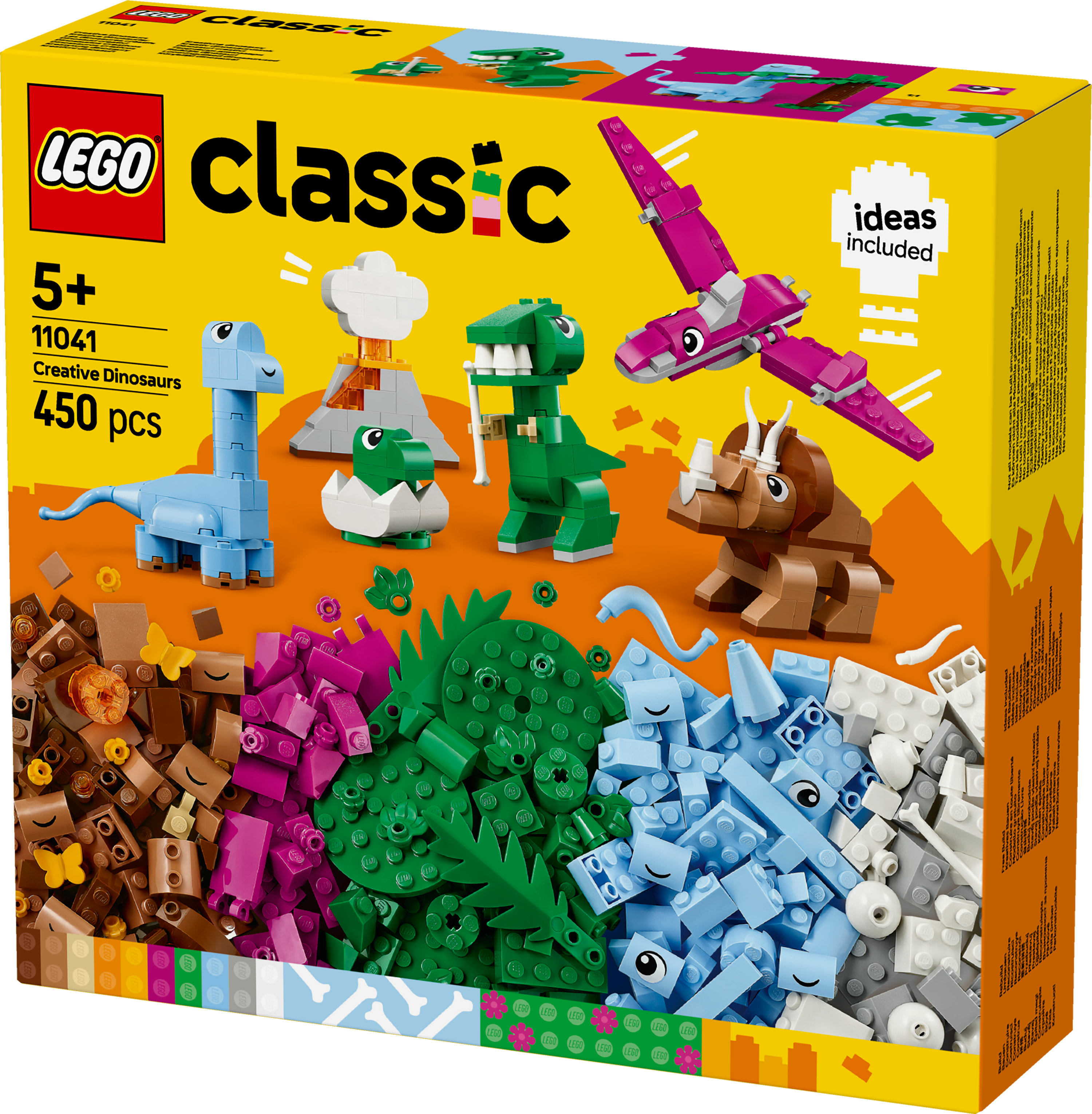 Pudełko LEGO Classic. Zawiera modele dinozaurów, klocki w różnych kolorach i żółte tło.