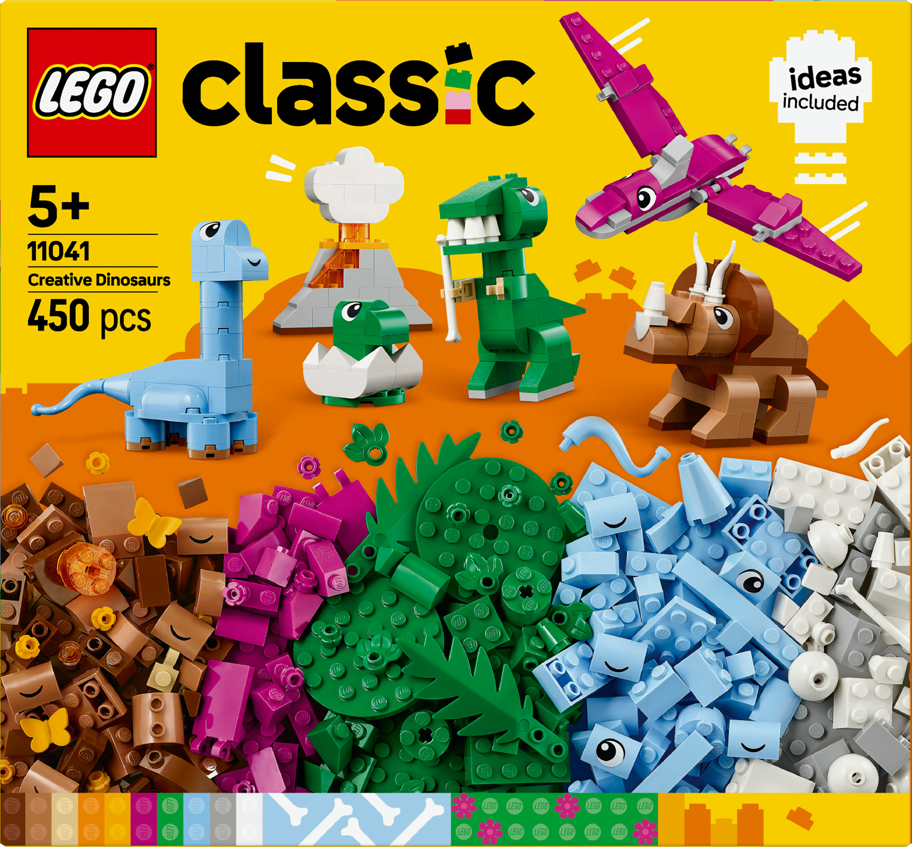 Pudełko LEGO prezentuje różne modele dinozaurów, w tym niebieskiego Brontozaura i zielonego T-Rexa, z kolorowymi klockami.