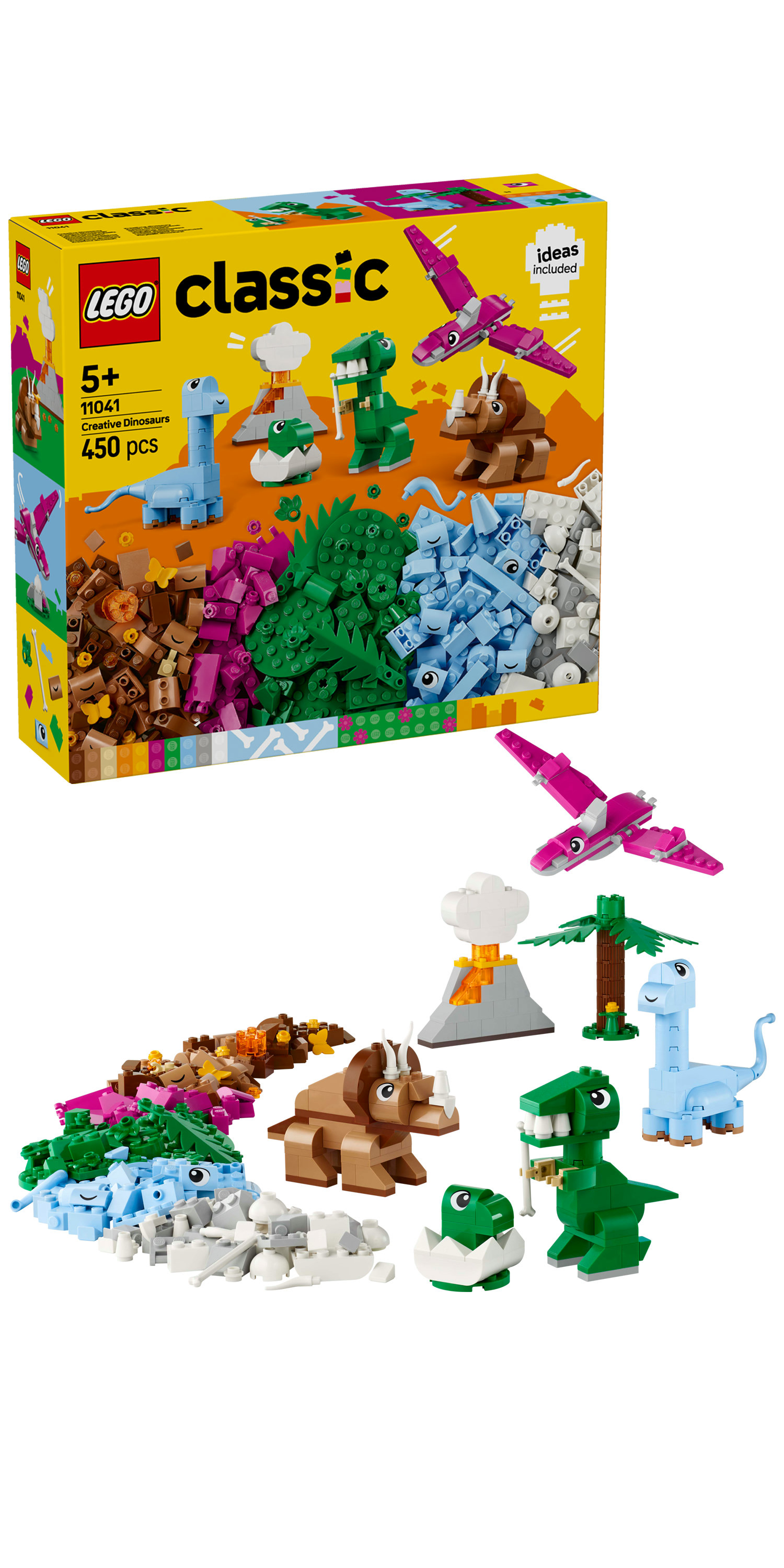 Zestaw LEGO Classic z dinozaurami. Zawiera kolorowe klocki i modele, takie jak T-Rex i Pterodaktyl.