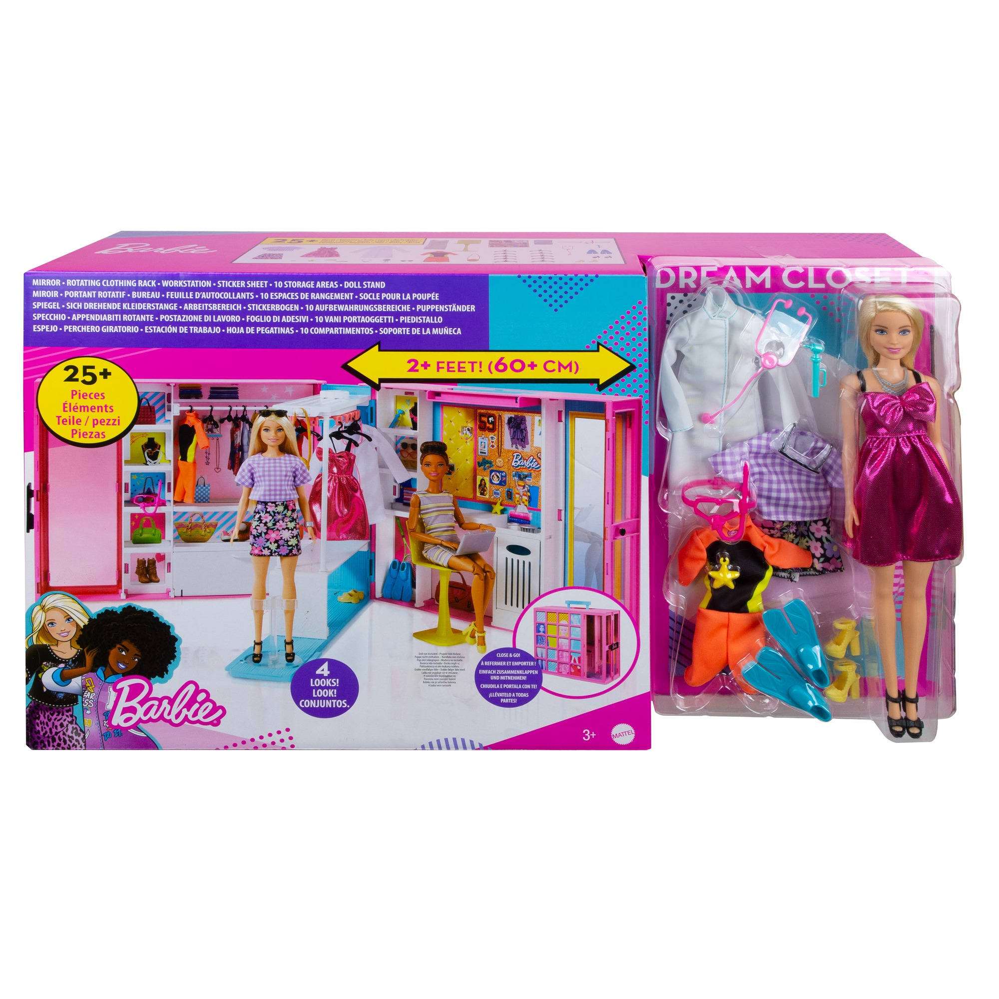 Zestaw pudełkowy Barbie Dream Closet. Zawiera lalkę, ubrania, akcesoria i zestaw do zabawy w szafie.