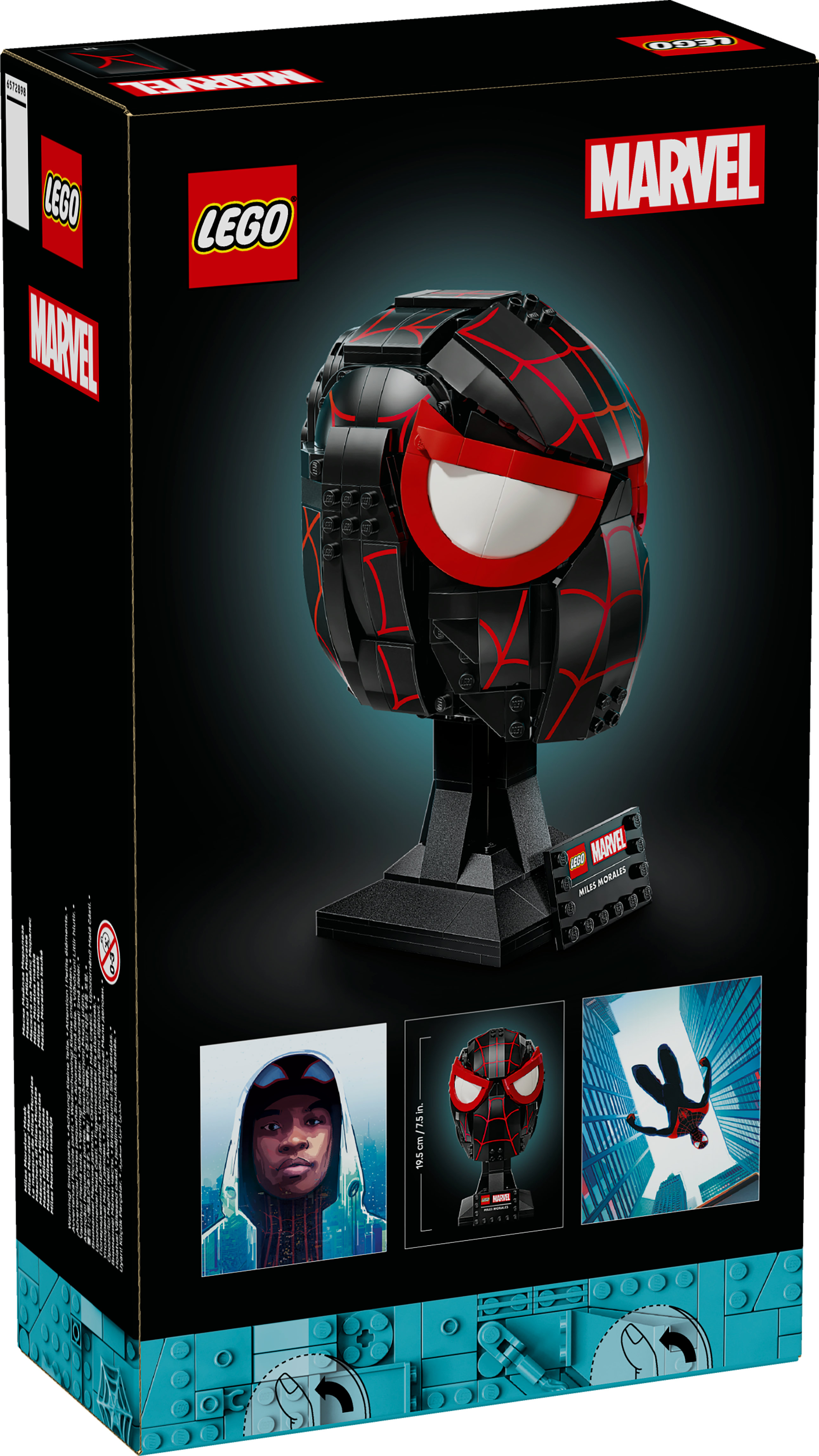 La boîte montre un casque Lego Miles Morales. Il est noir avec des toiles d'araignée et des yeux rouges. Comprend des images de Miles.
