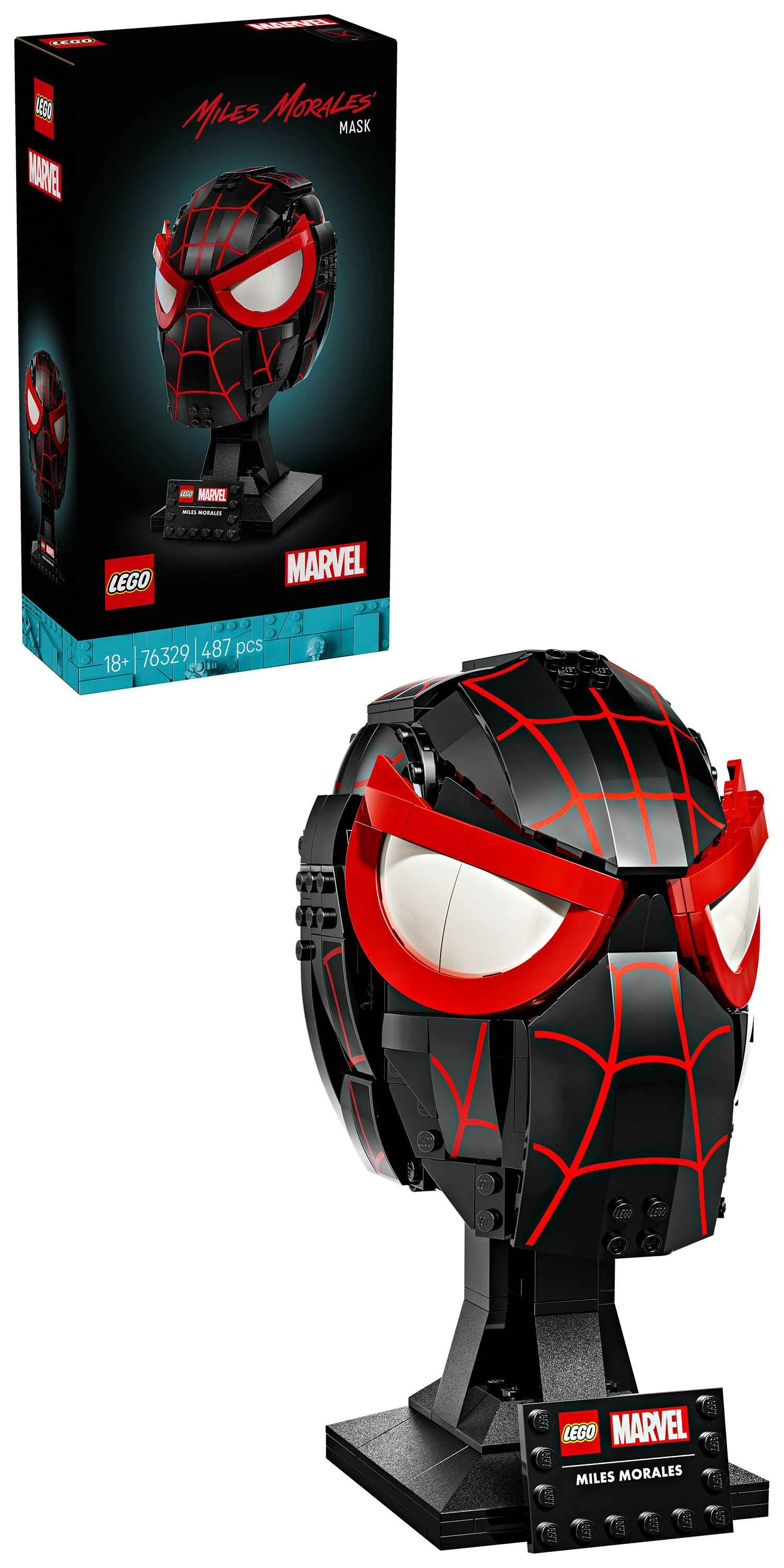 Masque Lego Miles Morales, noir avec motif de toile d'araignée rouge. Yeux blancs avec cadres rouges. Logos Lego et Marvel sur la base et la boîte.