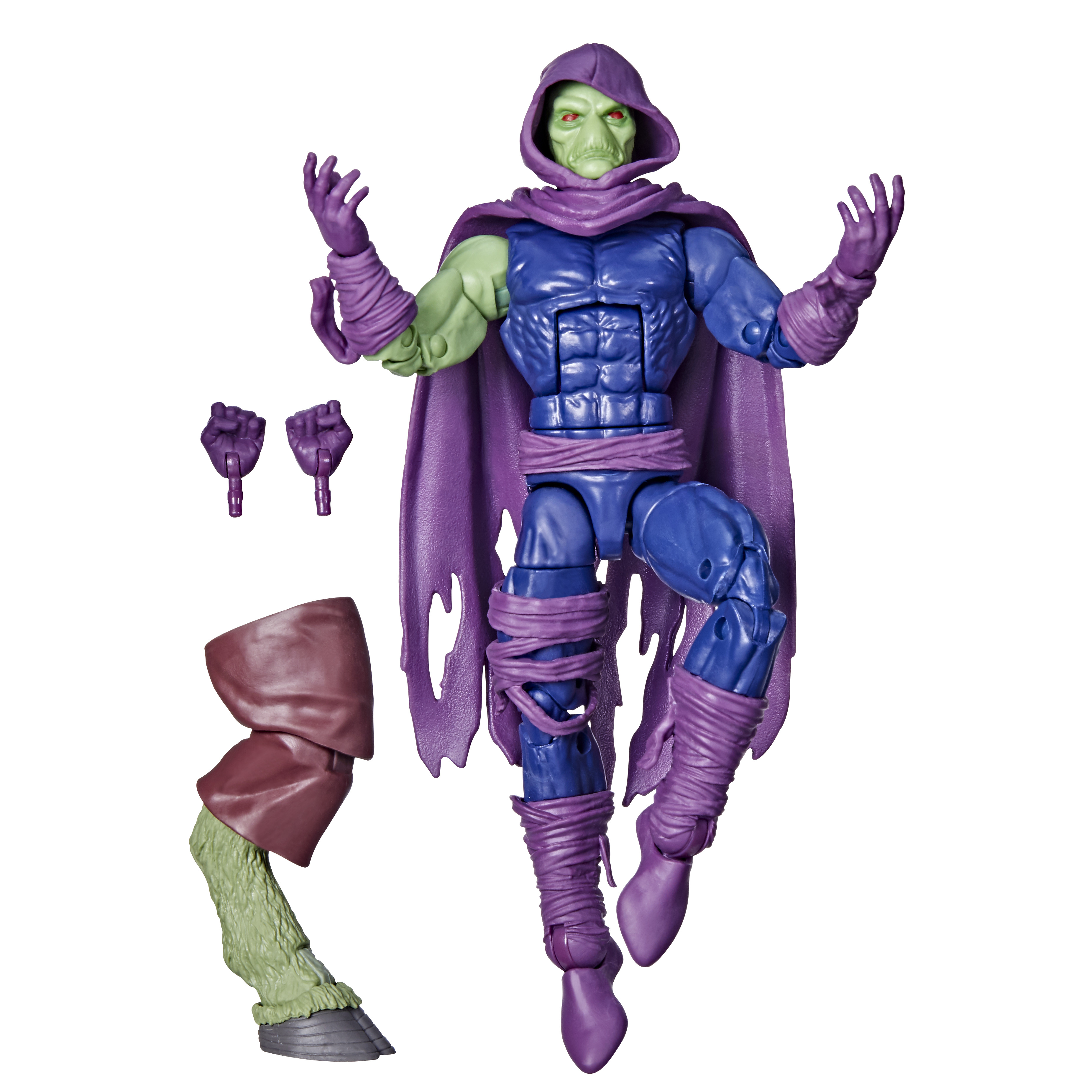 Action figure di un personaggio dalla pelle verde in abito viola, include mani e una gamba extra.