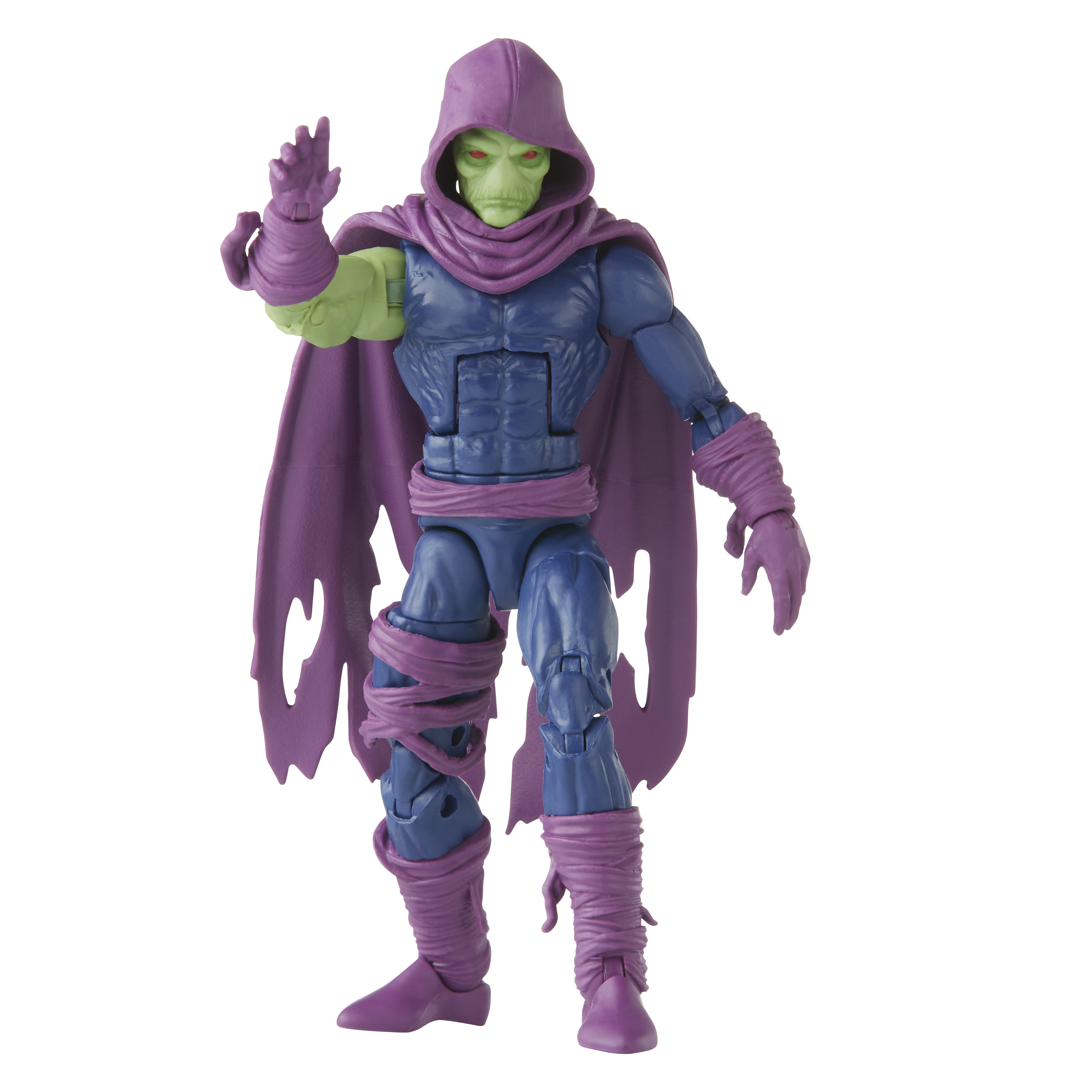 Action figure di un personaggio dalla pelle verde con cappuccio in abito viola, braccia tese. Sfondo bianco.