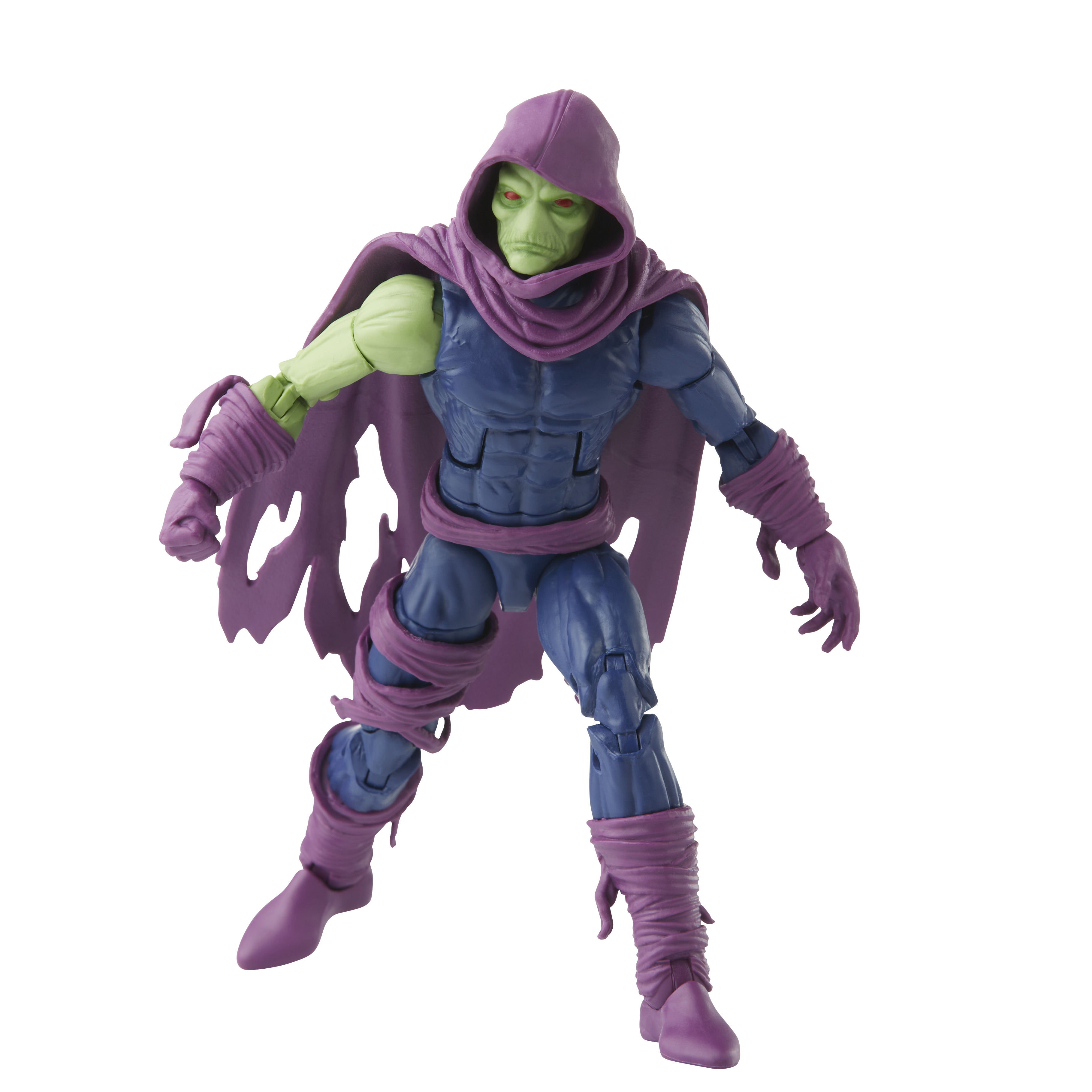 Action figure di un personaggio mascherato con la pelle verde, vestito di viola e blu, su sfondo bianco.
