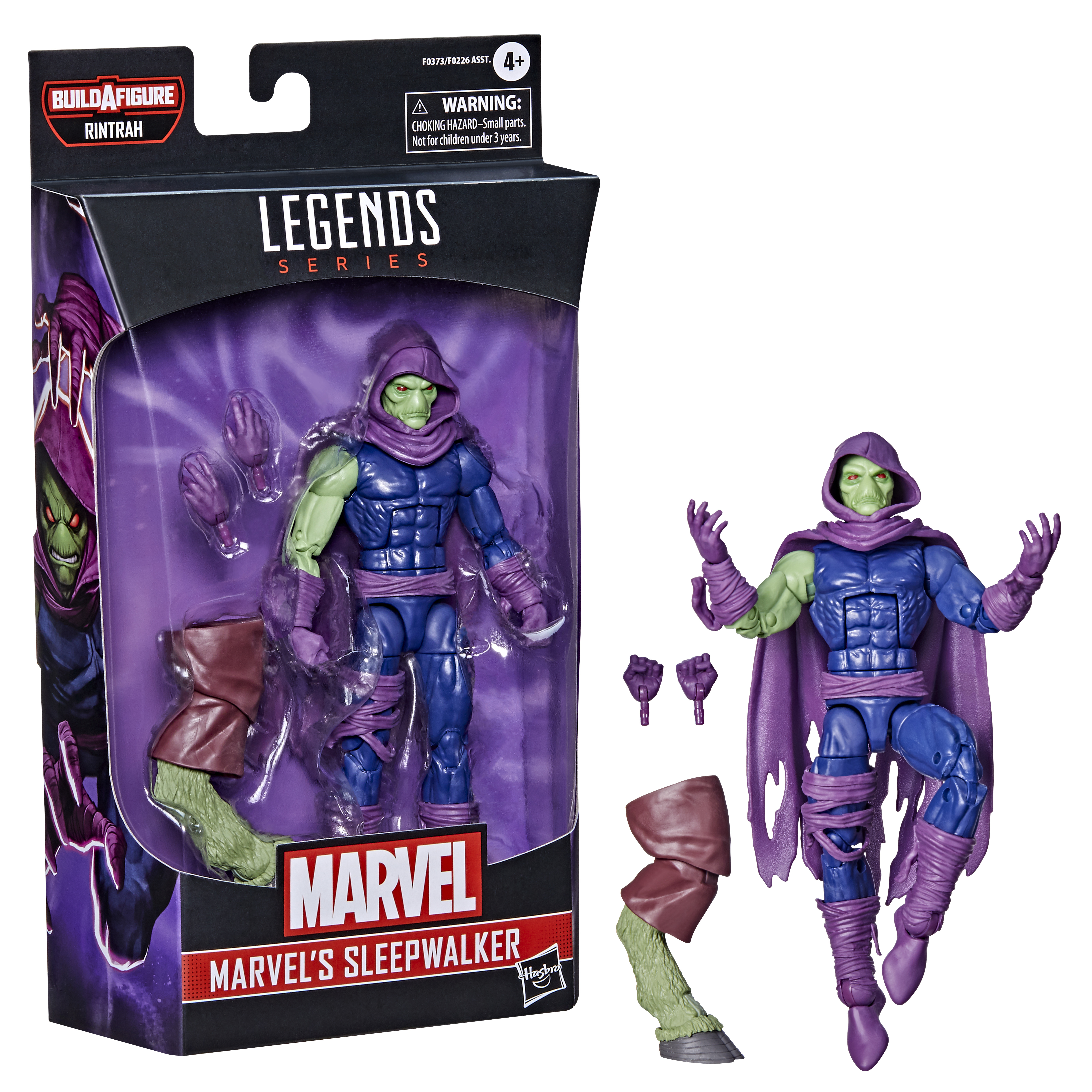 Action figure di Sleepwalker Marvel, con volto verde e mantello viola, dentro e fuori dalla scatola. Include mani extra.