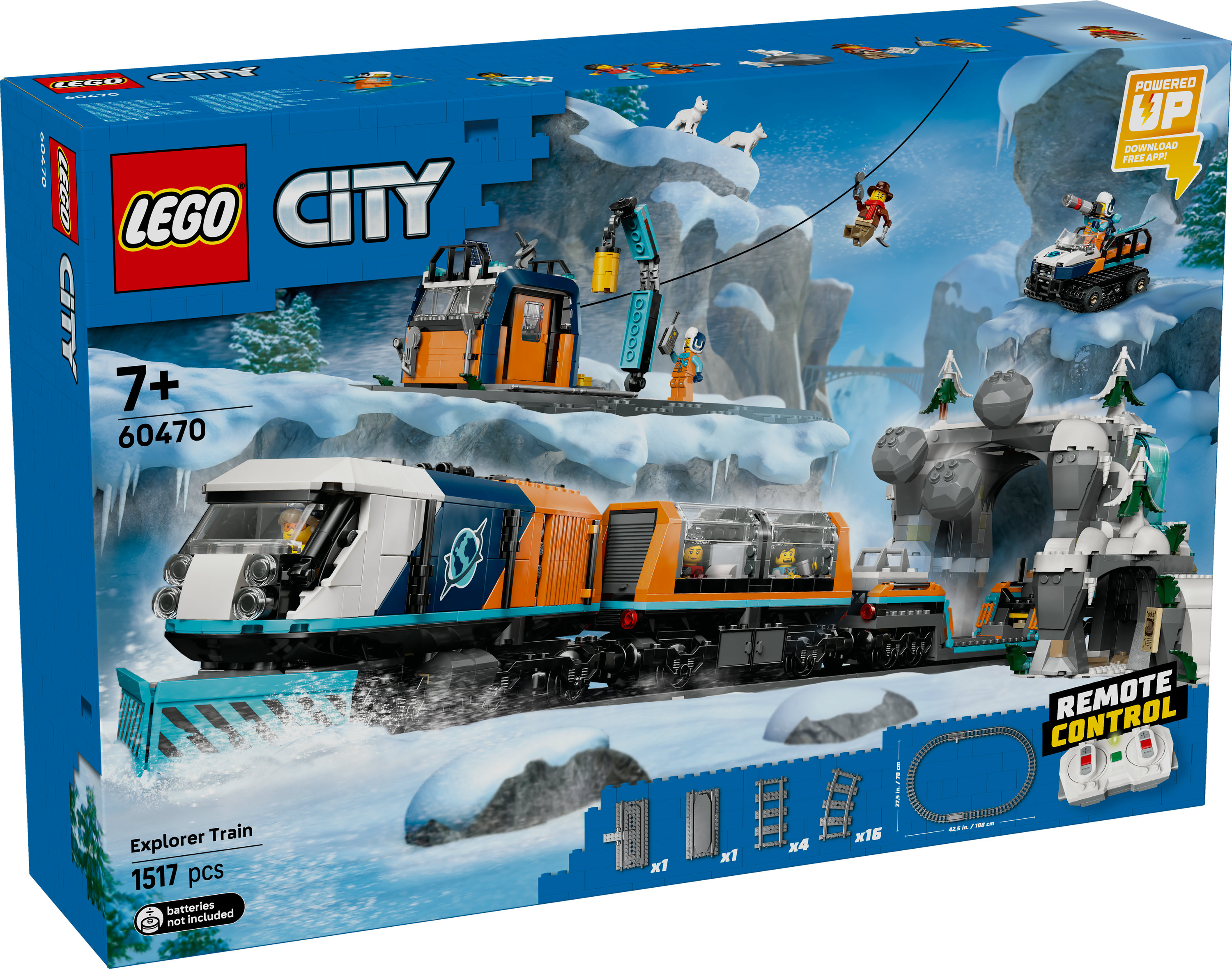 Zestaw Lego City Explorer Train. Pudełko przedstawia pociąg, figurki i pilota w zaśnieżonym krajobrazie.