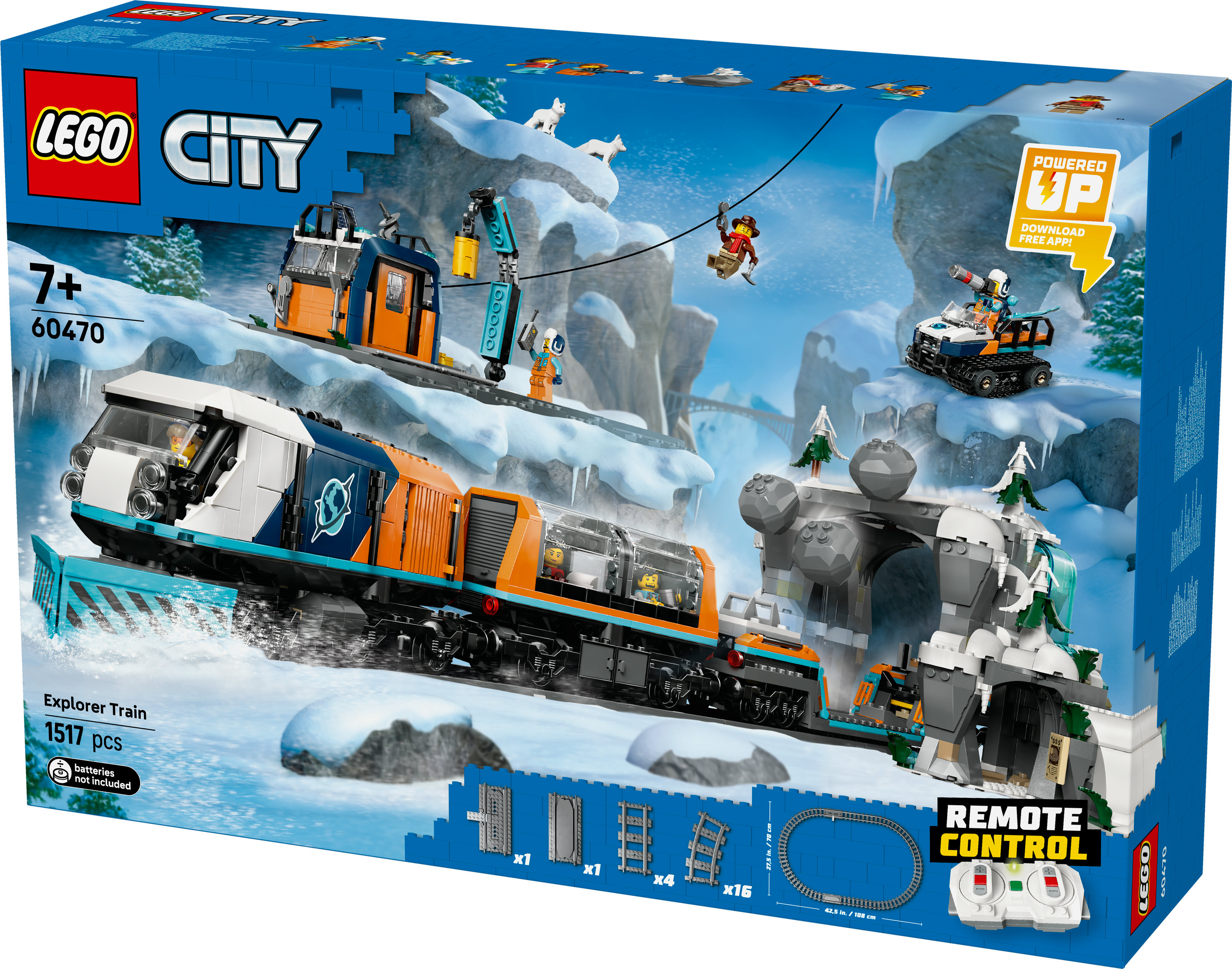 Pudełko zestawu Lego City Explorer Train, zawiera pociąg, figurki i ośnieżony teren. Zawiera pilota.