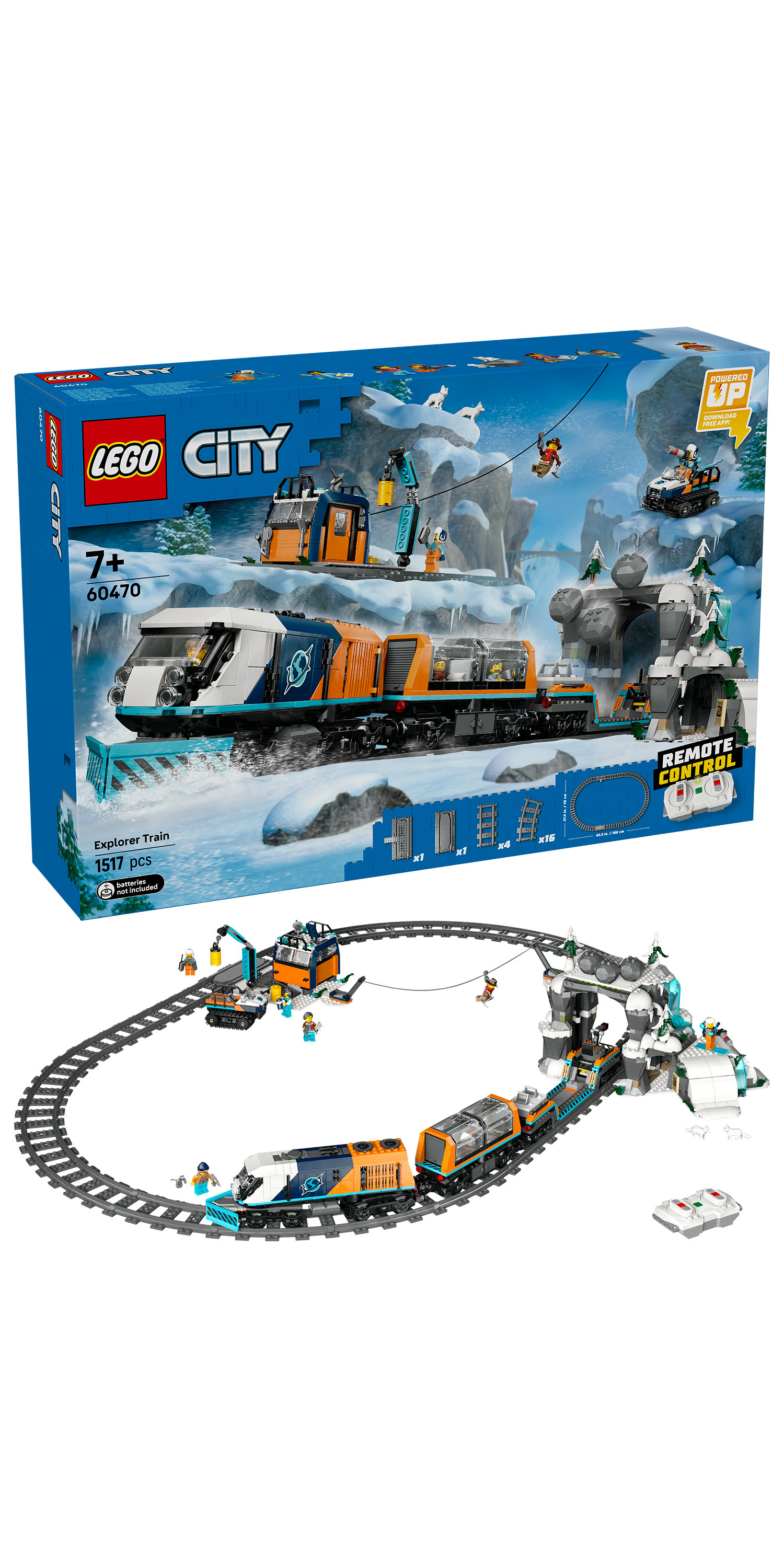 Zestaw Lego City Explorer Train. Pudełko przedstawia pociąg, tor i górską scenerię z figurkami i pilotem. 1517 elementów.