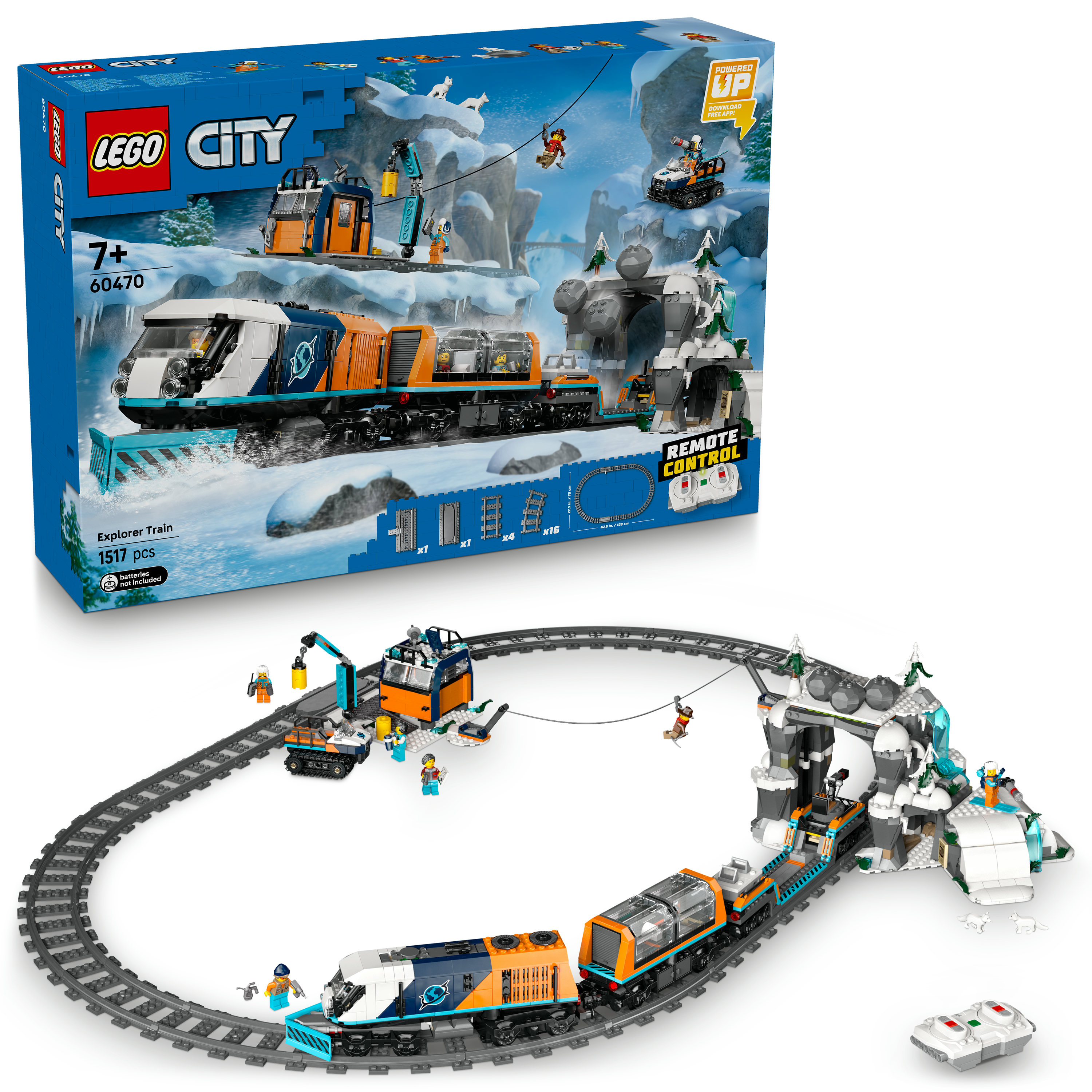 Zestaw Lego City Explorer Train. Zawiera pociąg, tor, figurki i akcesoria. Zestaw jest na białym tle.