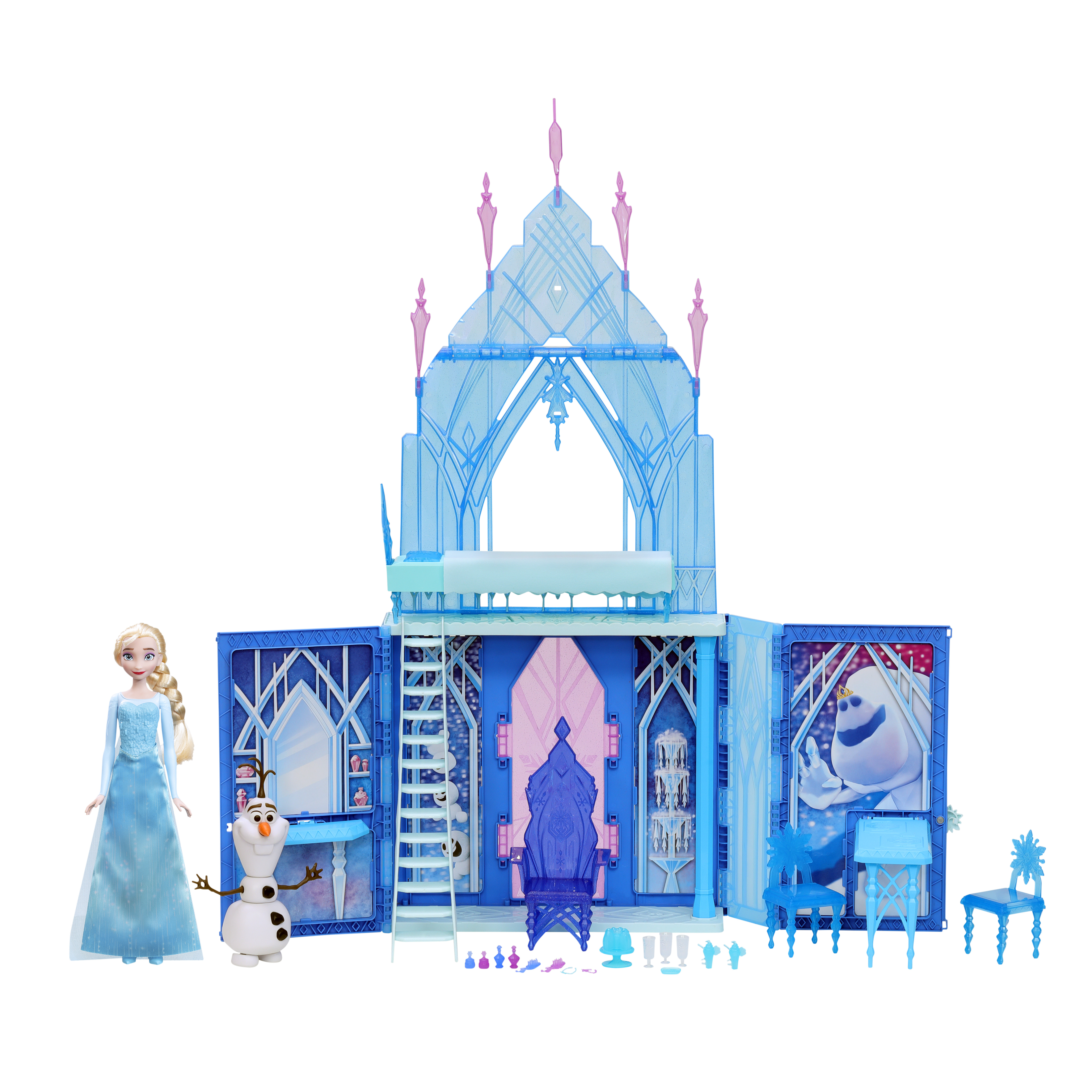 Un playset di Frozen con castello, bambola Elsa, Olaf, mobili e accessori. Il castello è blu e rosa.