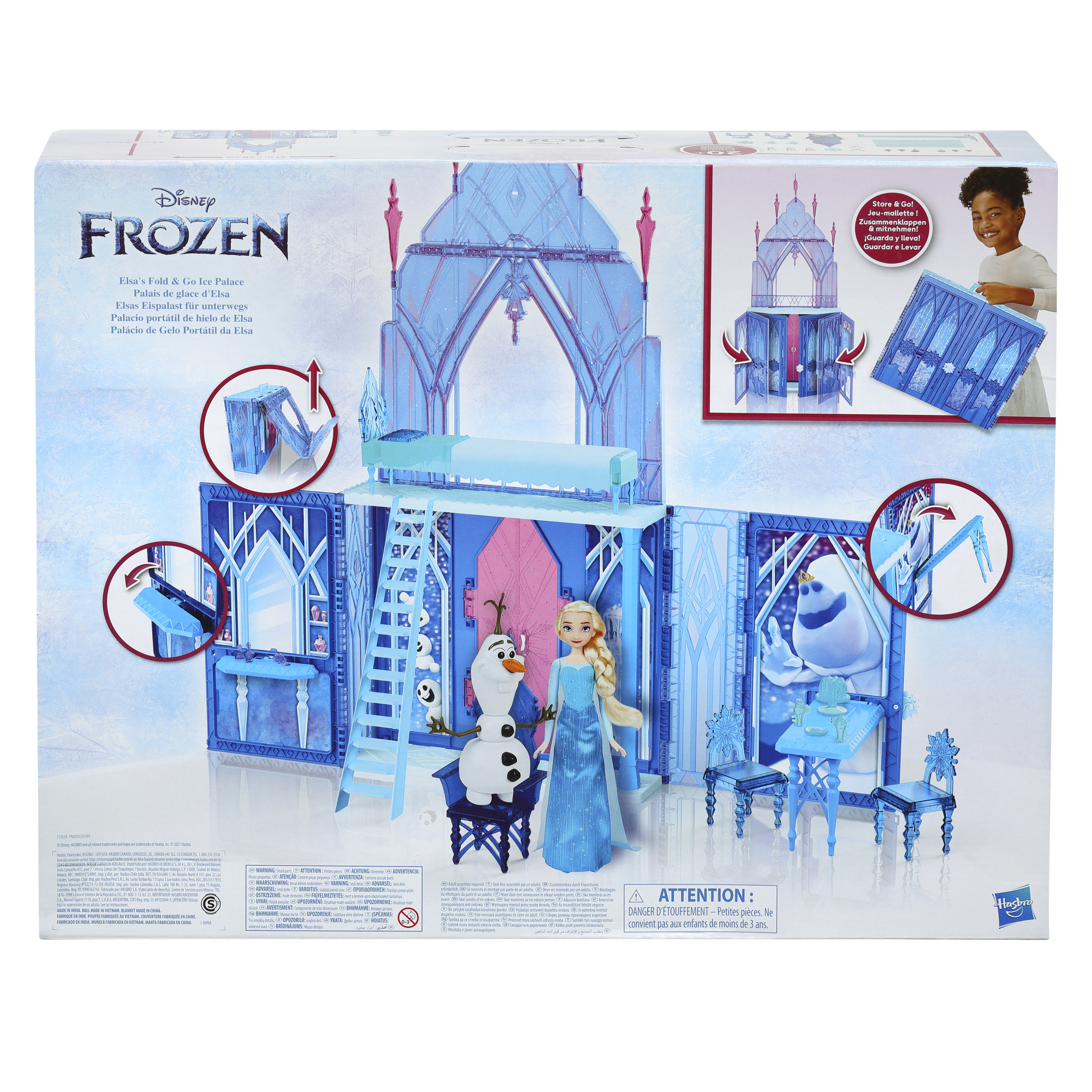 Scatola del giocattolo Frozen Ice Palace. Bambola Elsa, Olaf, mobili e struttura del castello visibili.
