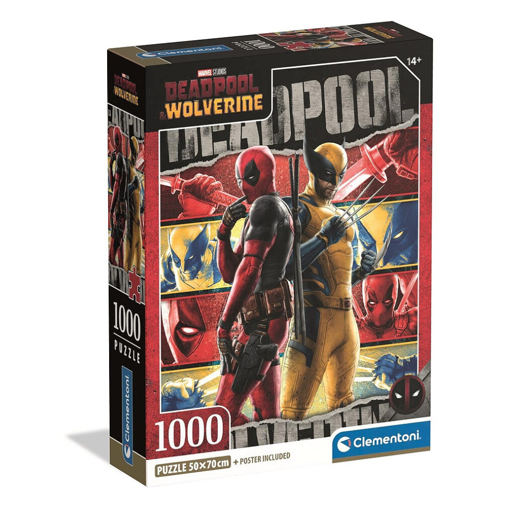 Pudełko z puzzlami Deadpool i Wolverine. Pudełko pokazuje postacie z twarzami, pudełko mówi 1000 puzzli.