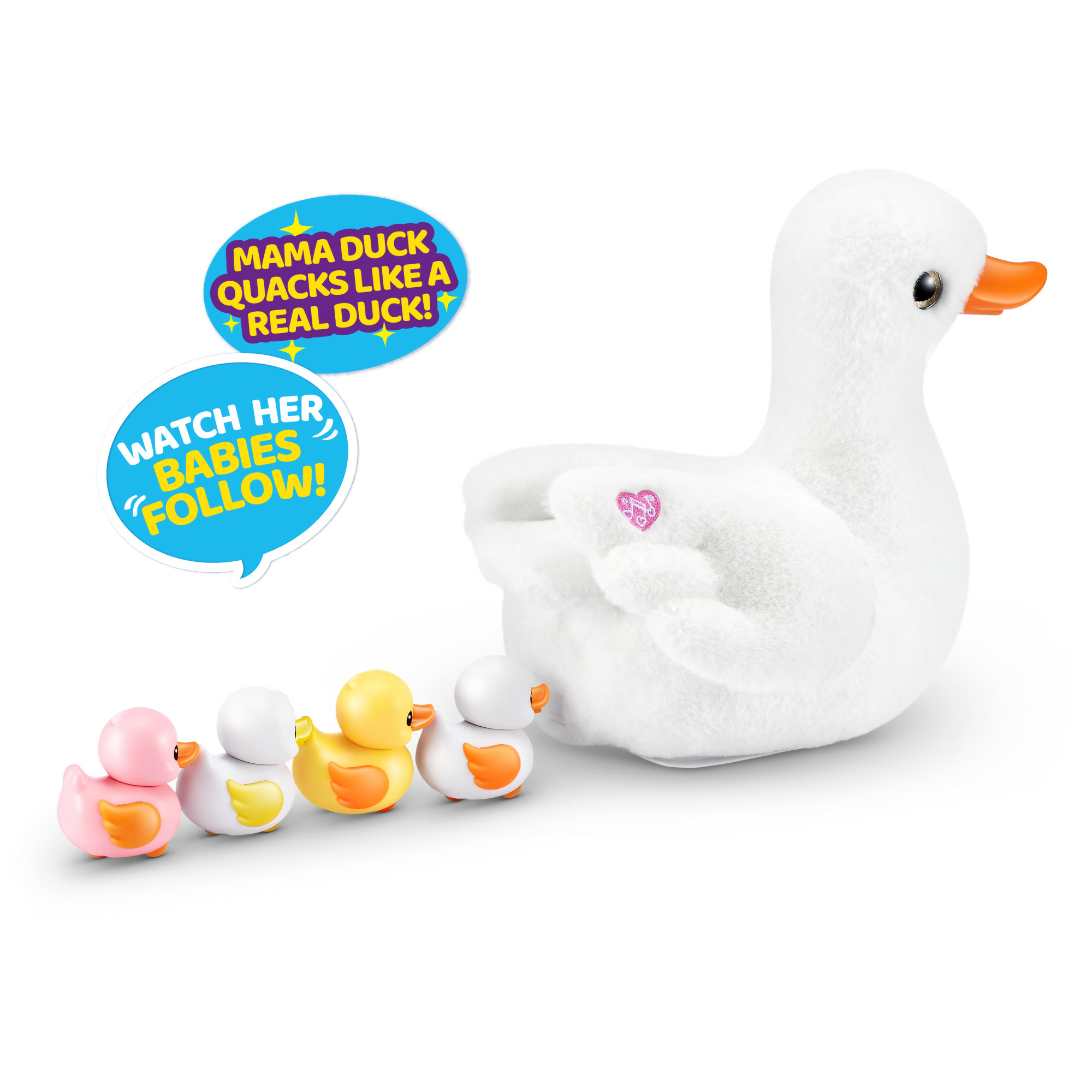 Biała zabawka kaczka z pomarańczowym dziobem i czterema małymi kaczątkami. Dymki mówią: „Mama kaczka gęga jak prawdziwa kaczka!"