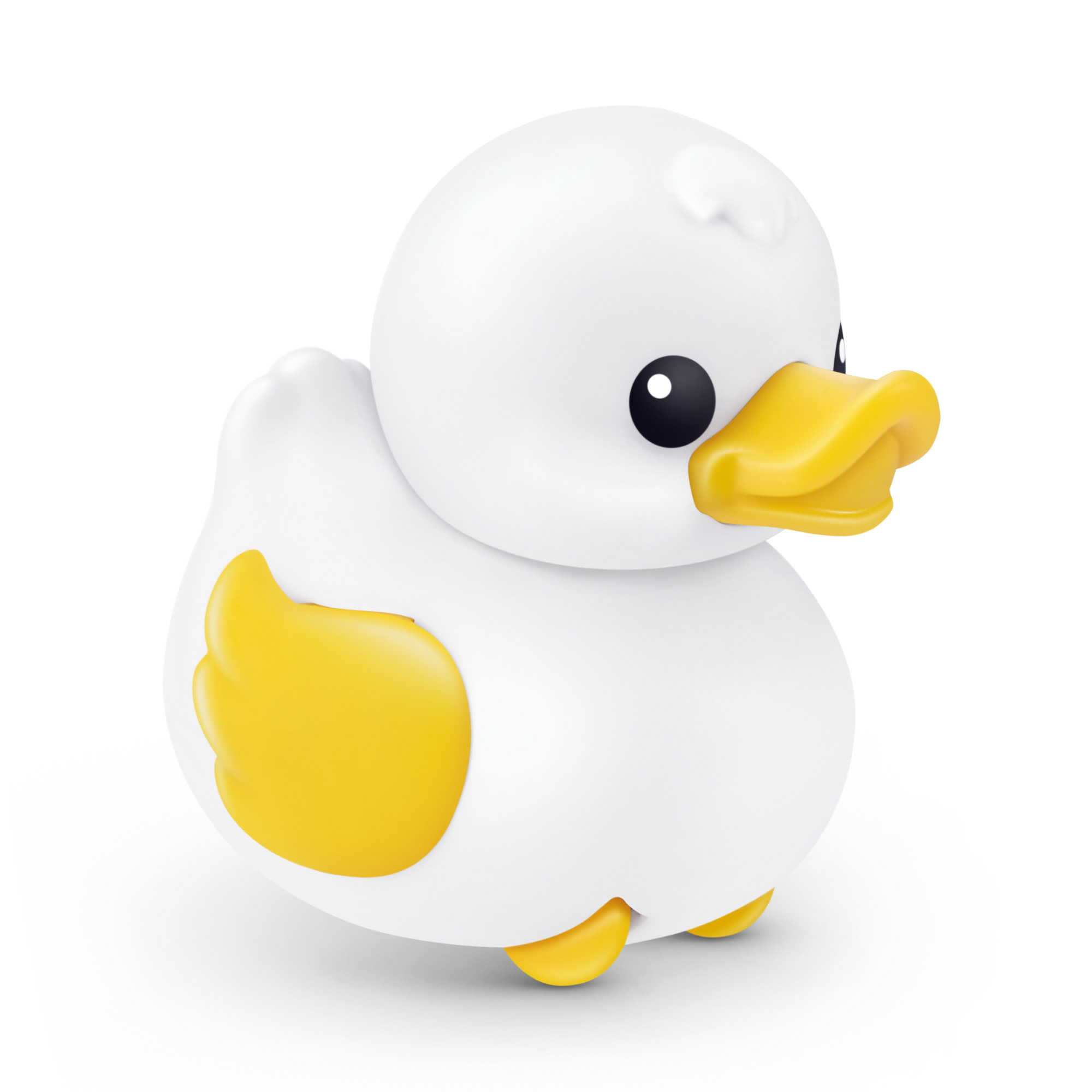 Biała gumowa kaczka z żółtym dziobem, stopami i skrzydłem na białym tle.