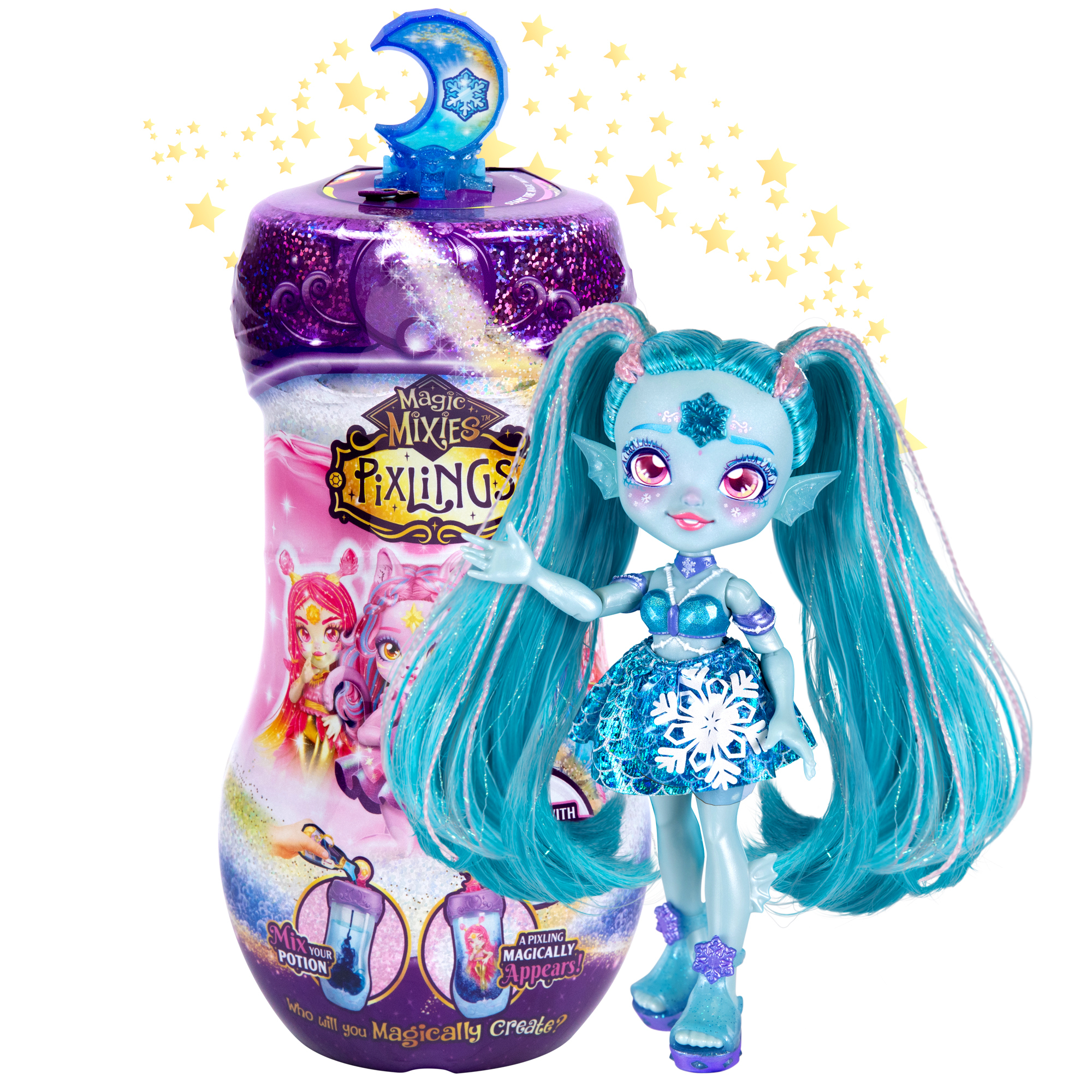 Lalka Pixling i pojemnik. Lalka ma niebieskie włosy i sukienkę w płatki śniegu. Pojemnik jest fioletowy i różowy.