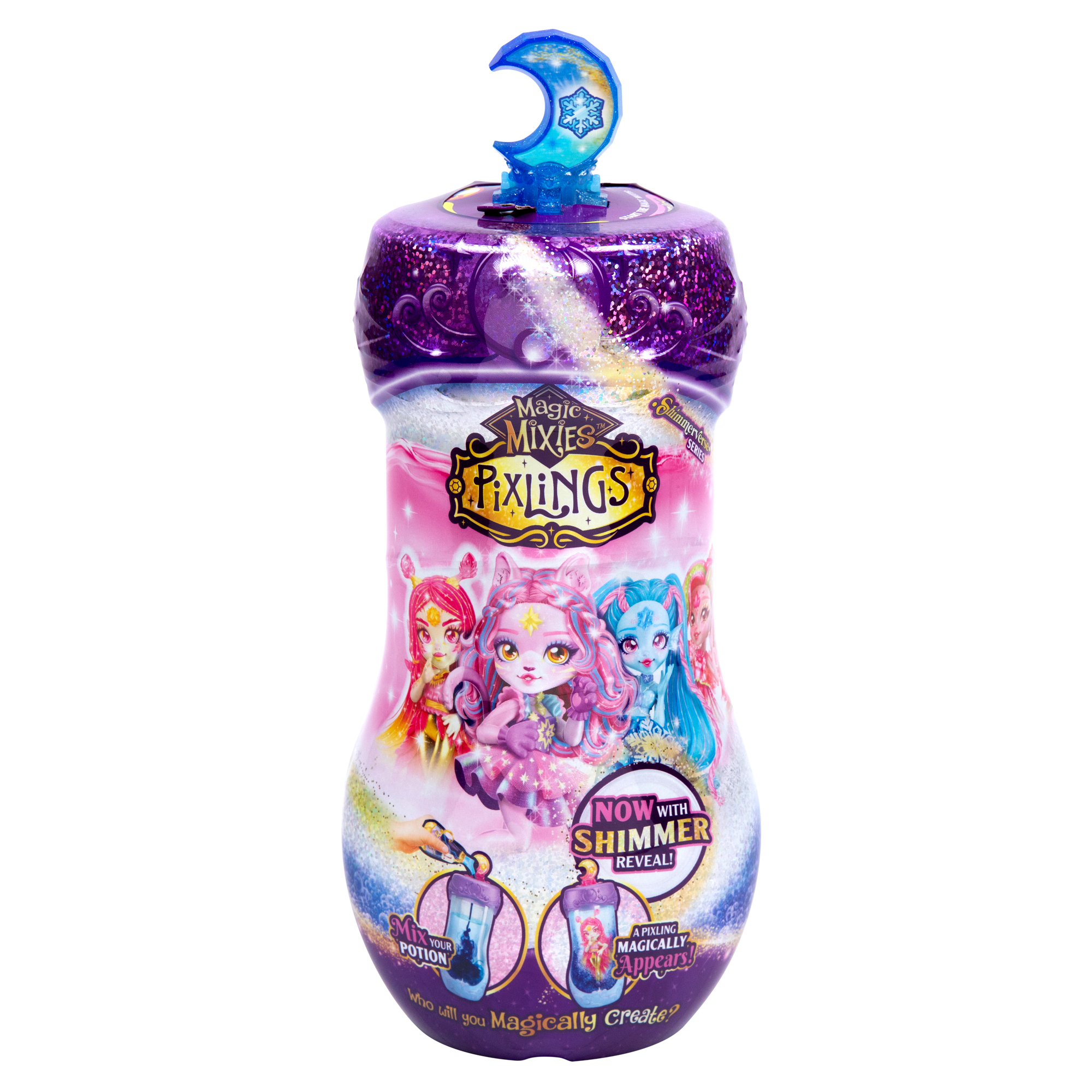 Butelka Magic Mixies Pixlings. Ma fioletową górę z księżycem i płatkiem śniegu oraz wizerunki kreskówkowych wróżek z przodu.