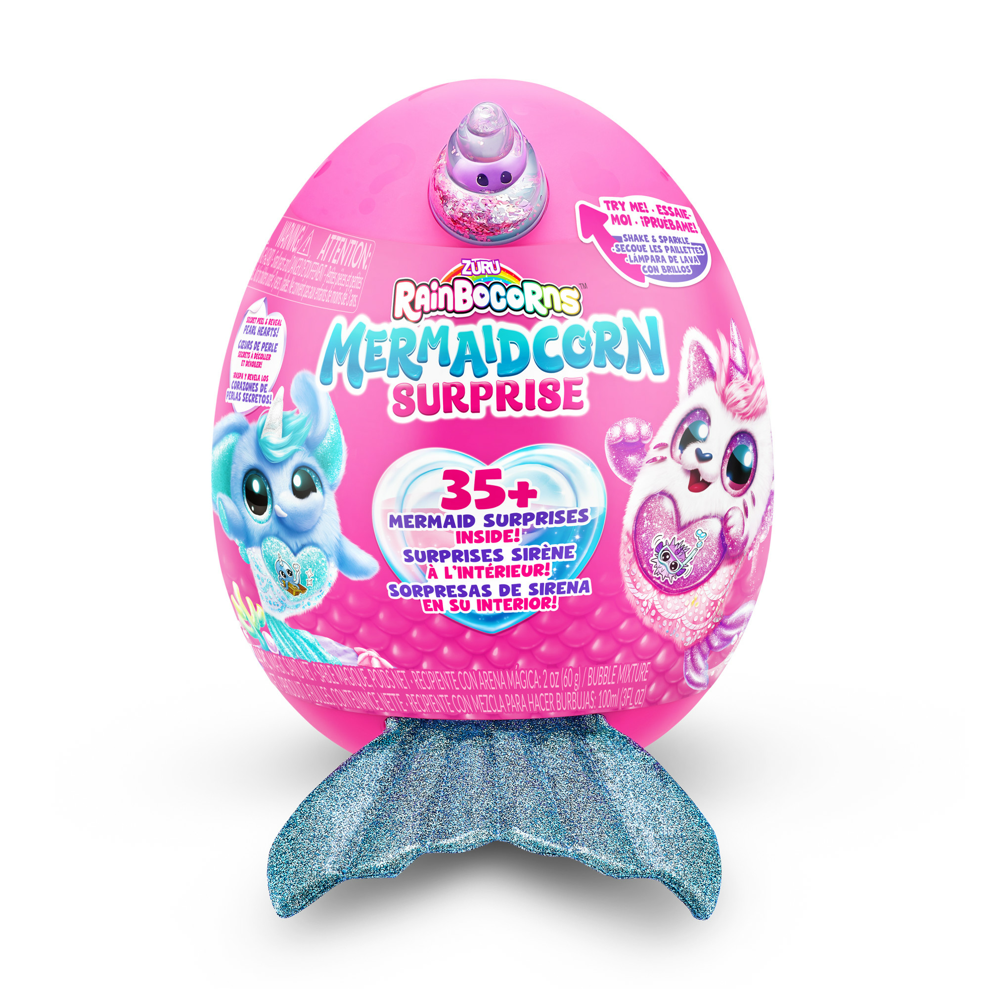Różowa zabawka Mermaidcorn Surprise w kształcie jajka z niebieskim brokatowym ogonem. Ma postacie syreny i jednorożca.