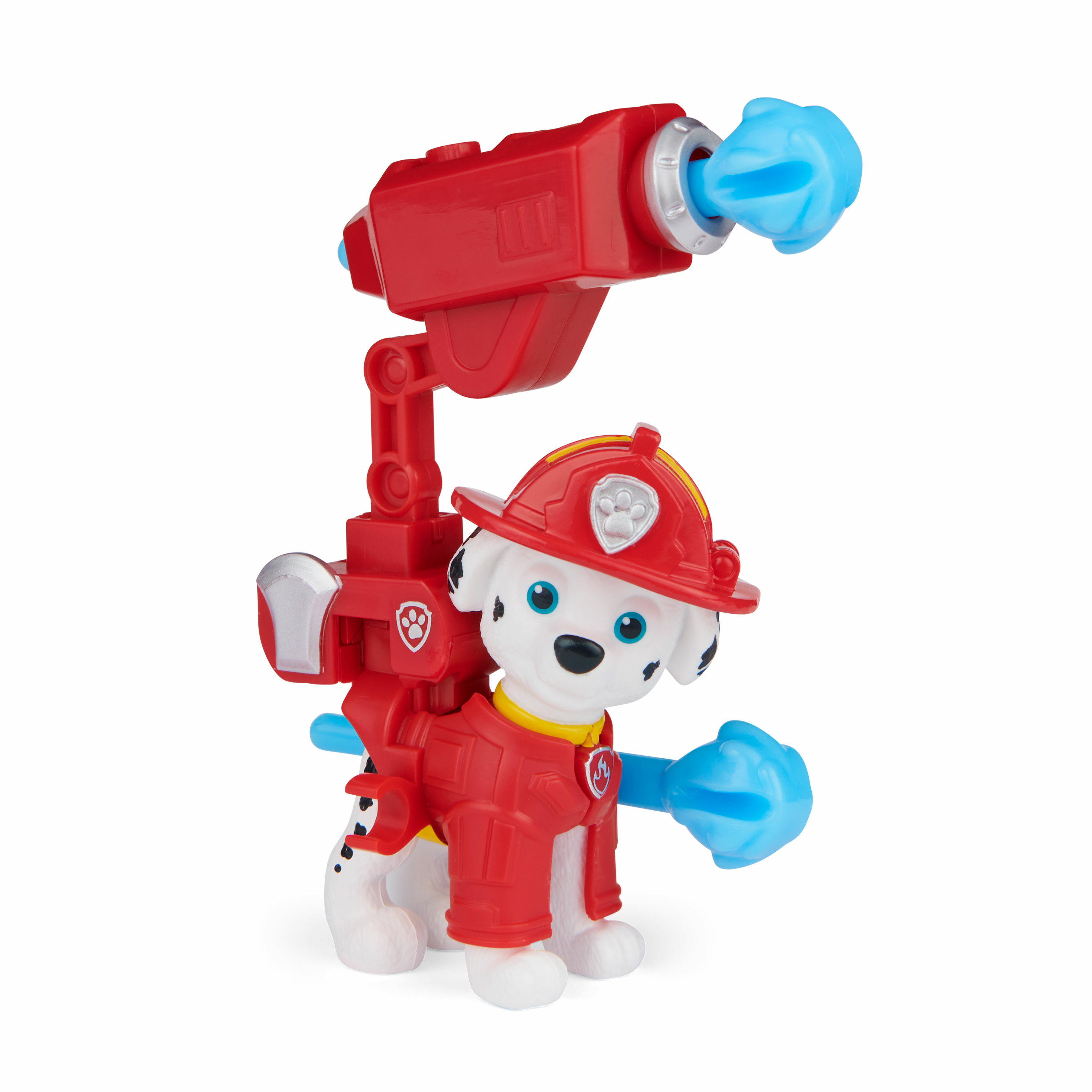 Een speelgoed brandweerhondje. Het draagt een rood uniform, een helm en heeft een waterkanon. Het is een Paw Patrol-personage.