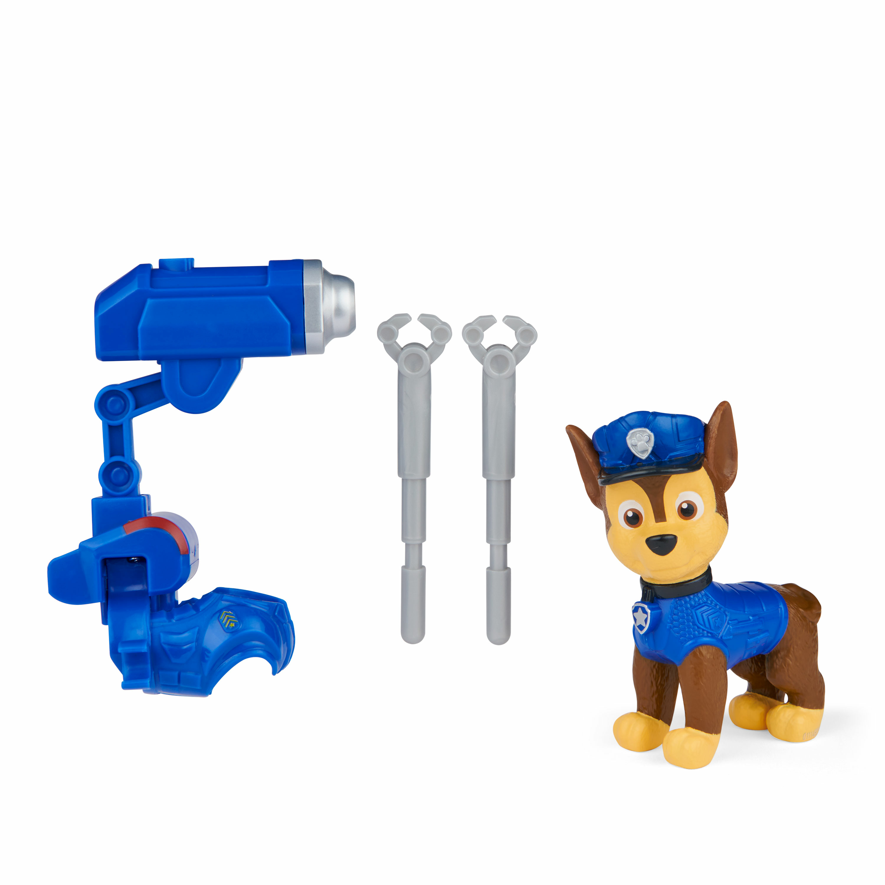 Speelgoedset met een politiehondfiguur, blauwe constructie en twee grijze gereedschappen op een witte achtergrond.