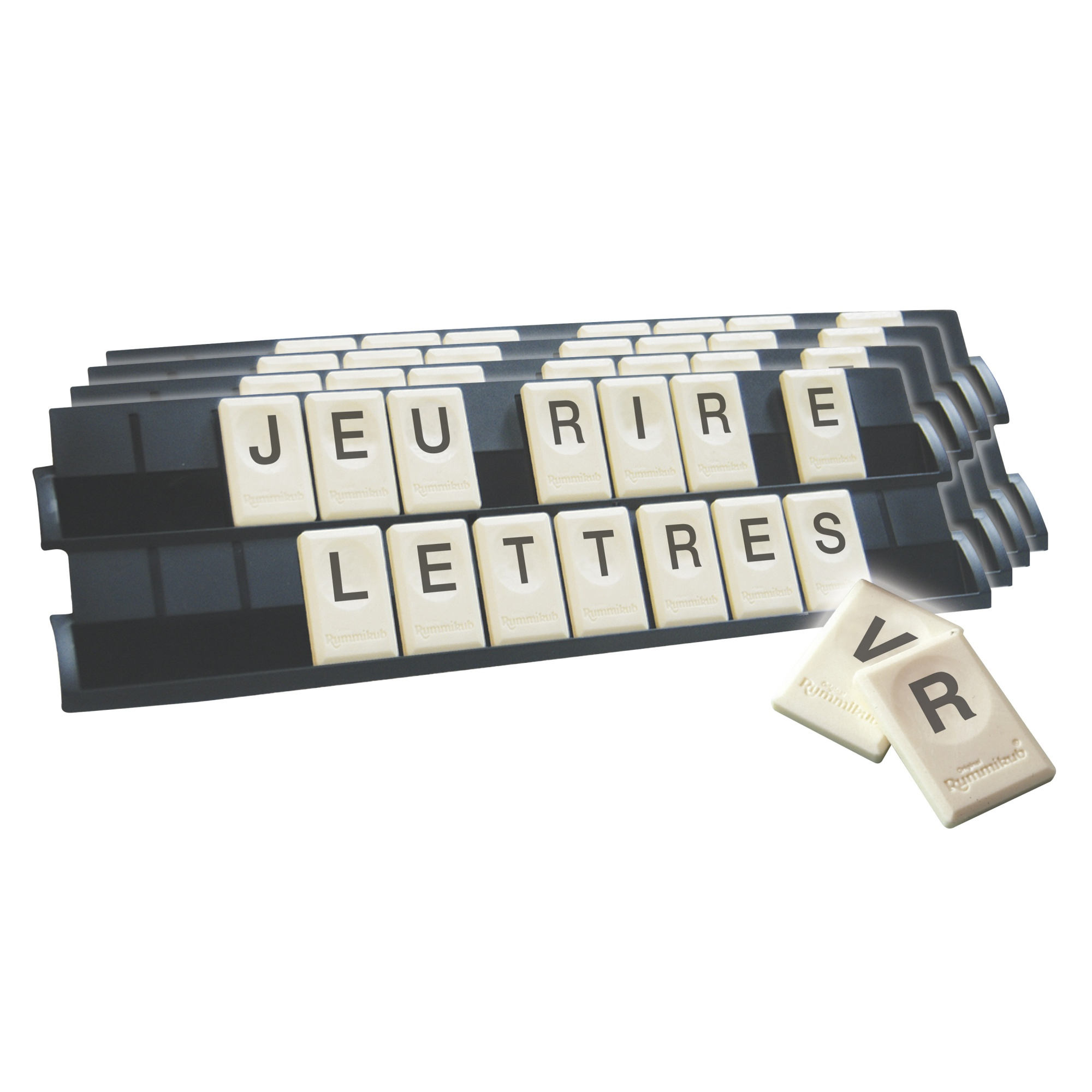 Een Rummikub bord met tegels die 'JEU RIRE' en 'LETTRES' spellen. Twee losse tegels met 'V' en 'R' liggen rechts.