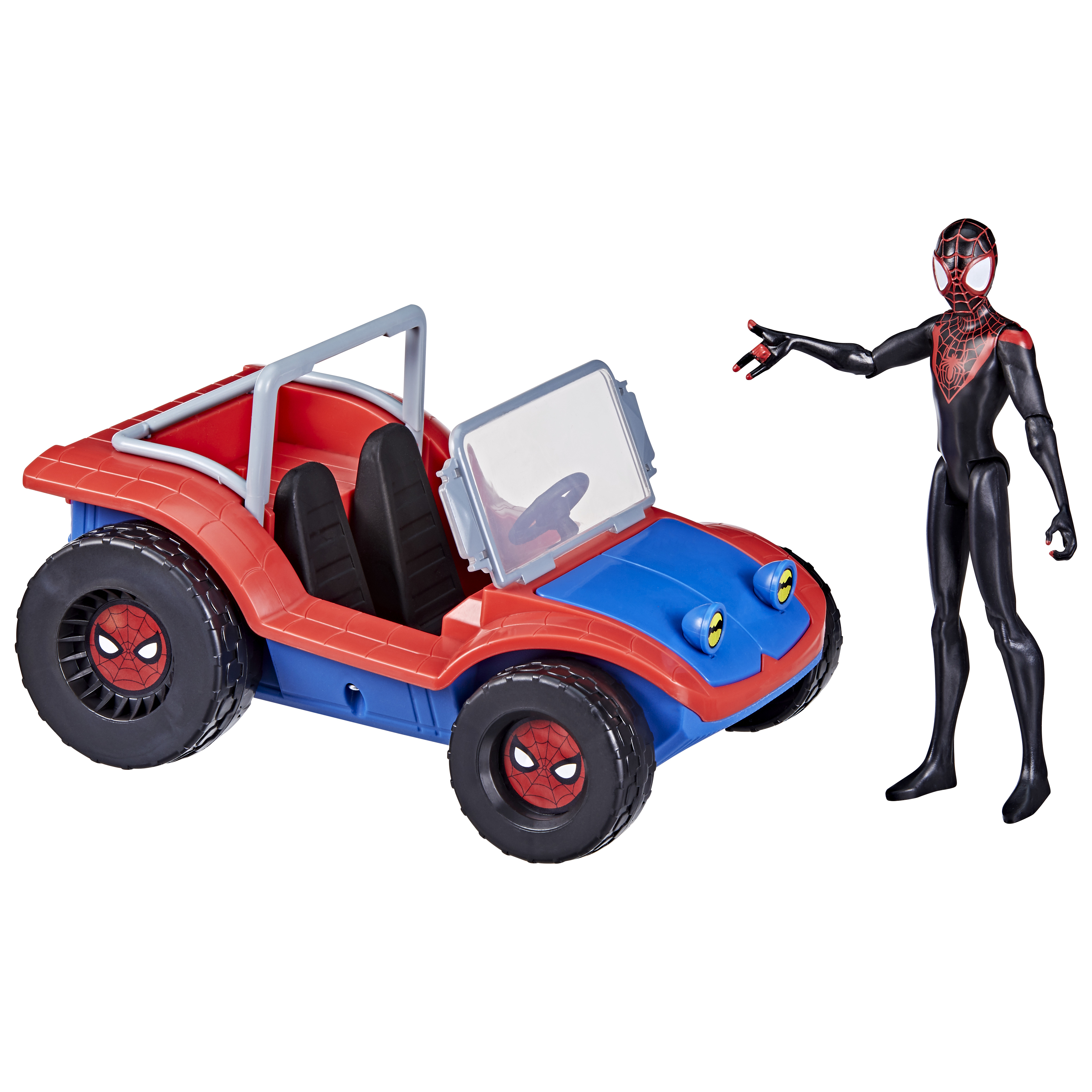 Una figura de juguete de Spider-Man y un buggy rojo y azul. El buggy tiene logotipos de Spider-Man en las ruedas.