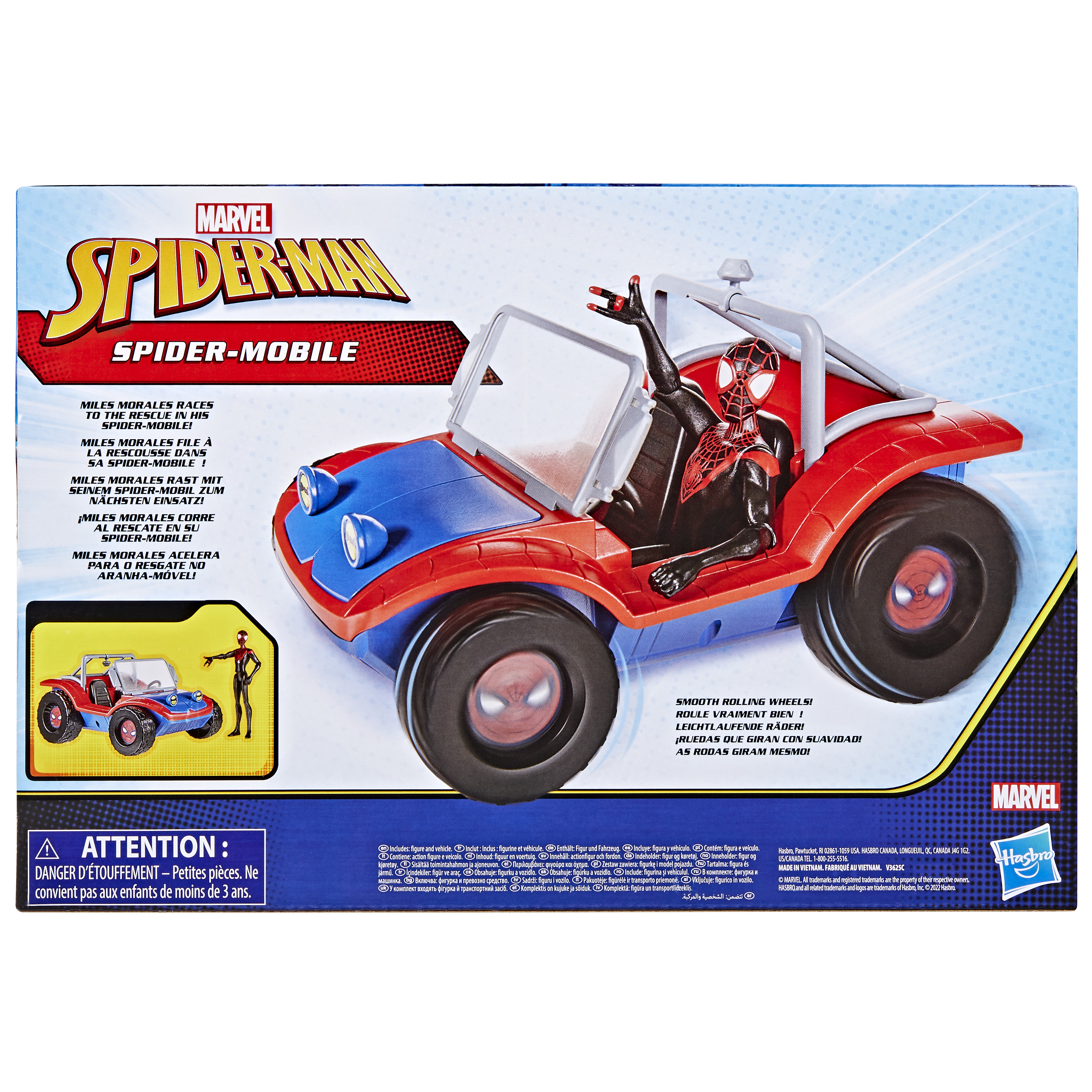 Una caja de juguetes muestra el juguete Spider-Man Spider-Mobile. El coche de juguete es rojo y azul, con una figura de Spider-Man.
