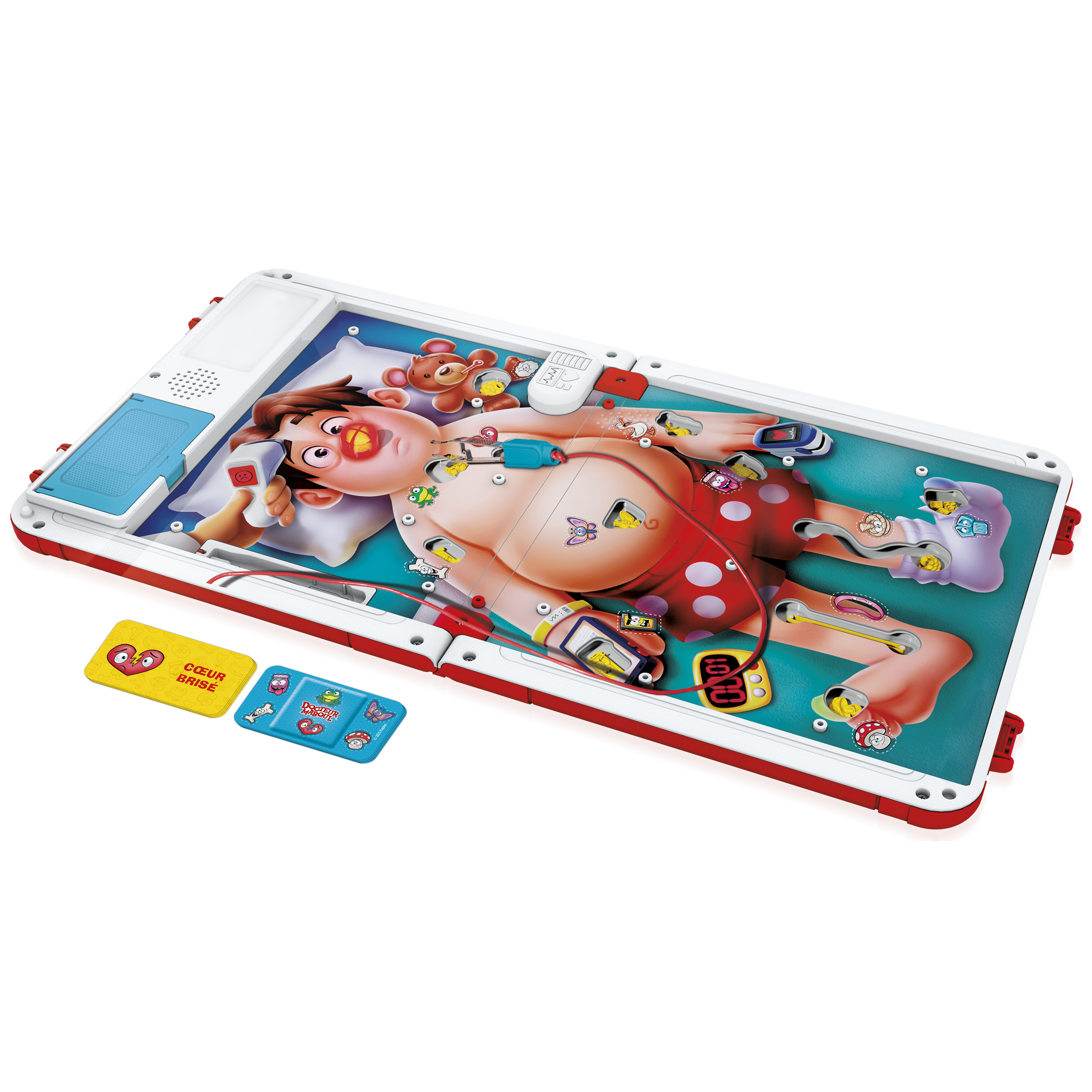 Een kinderspel, Operatie, toont een patiënt op een bed. Spelers proberen spelstukken met een pincet te verwijderen.
