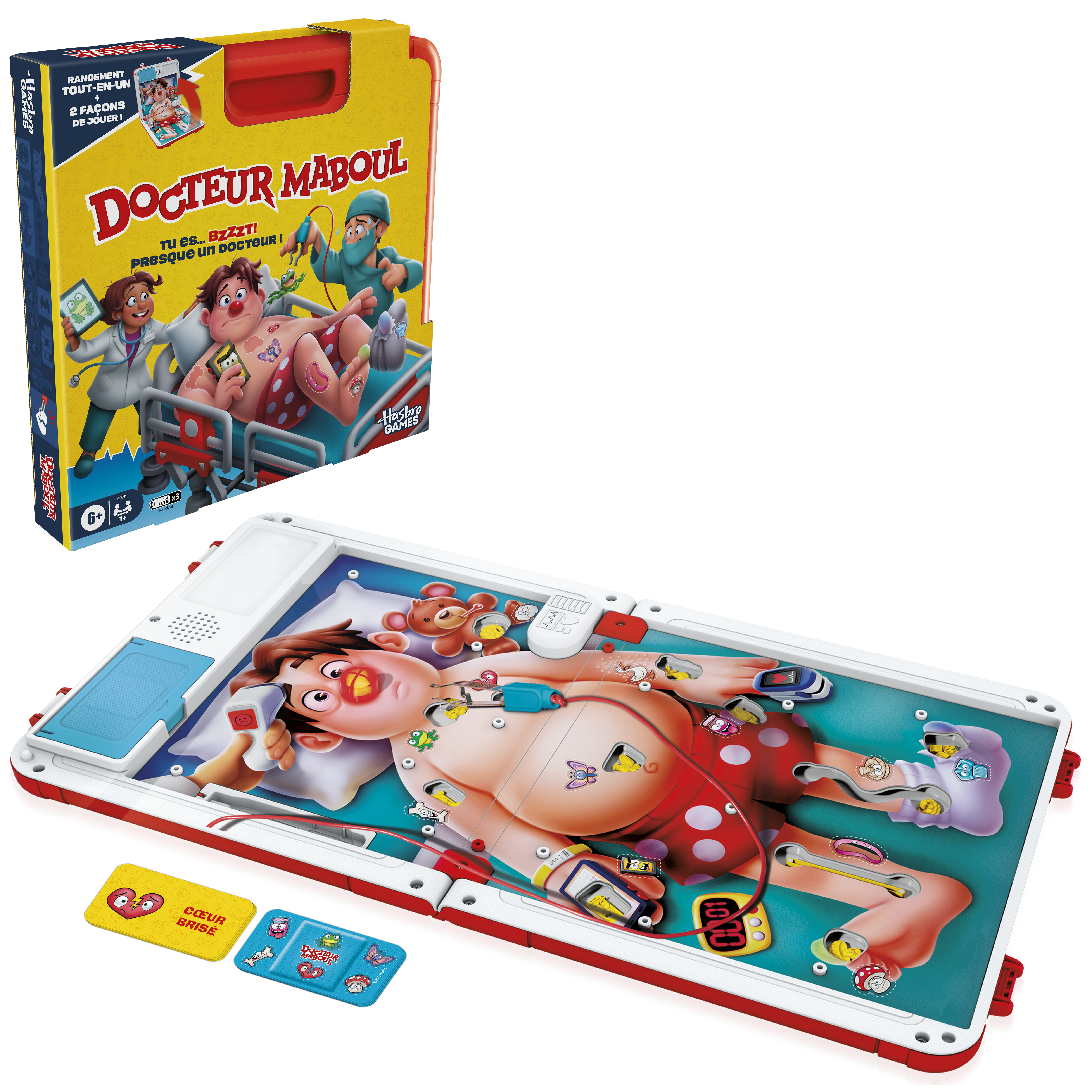 Dokter Maboul-spel. Een patiënt met diverse lichaamsdelen om te verwijderen. Een speldoos staat linksboven.