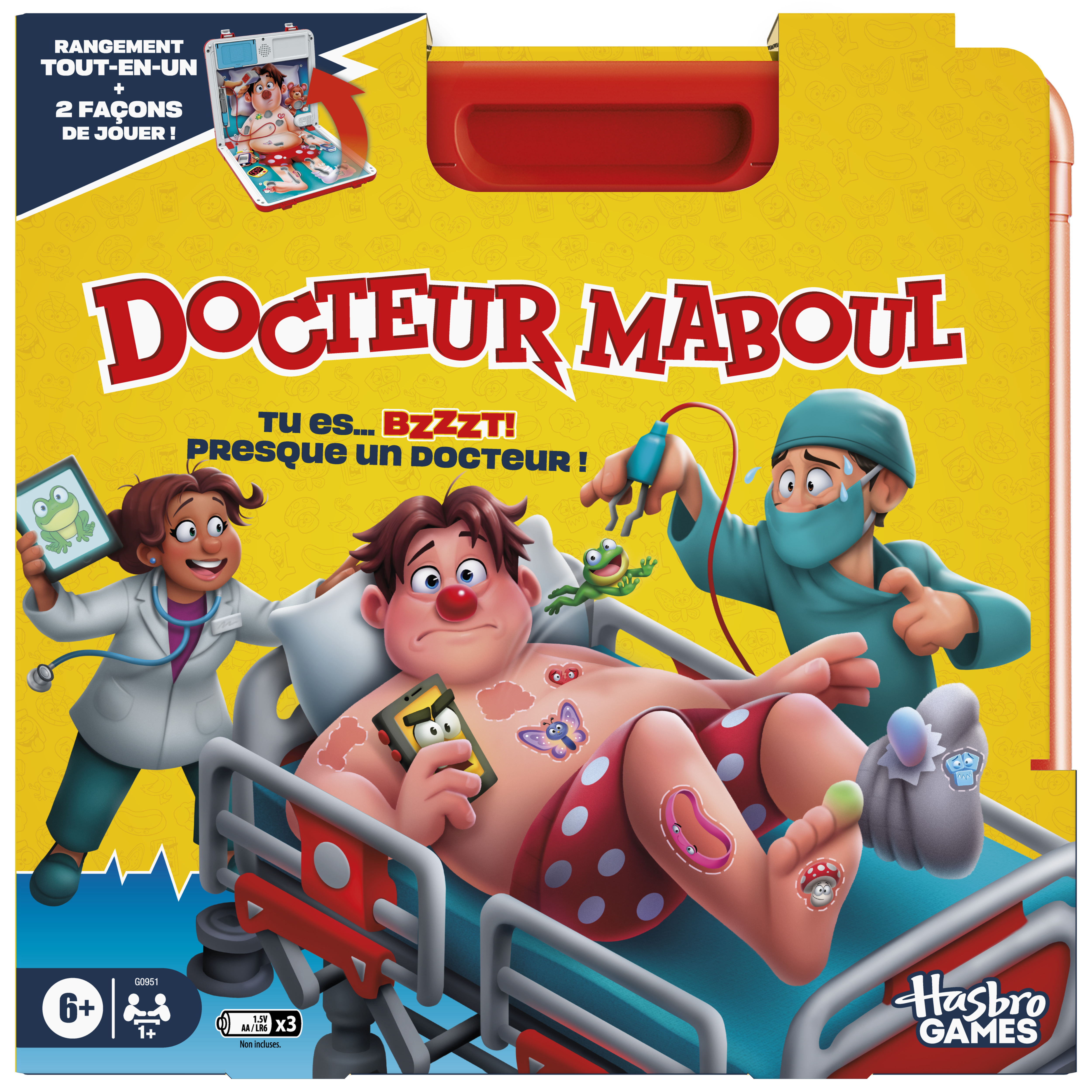 Doctor Maboul bordspel doos. Cartoon dokter opereert een patiënt. Andere artsen en gereedschappen zijn ook aanwezig.