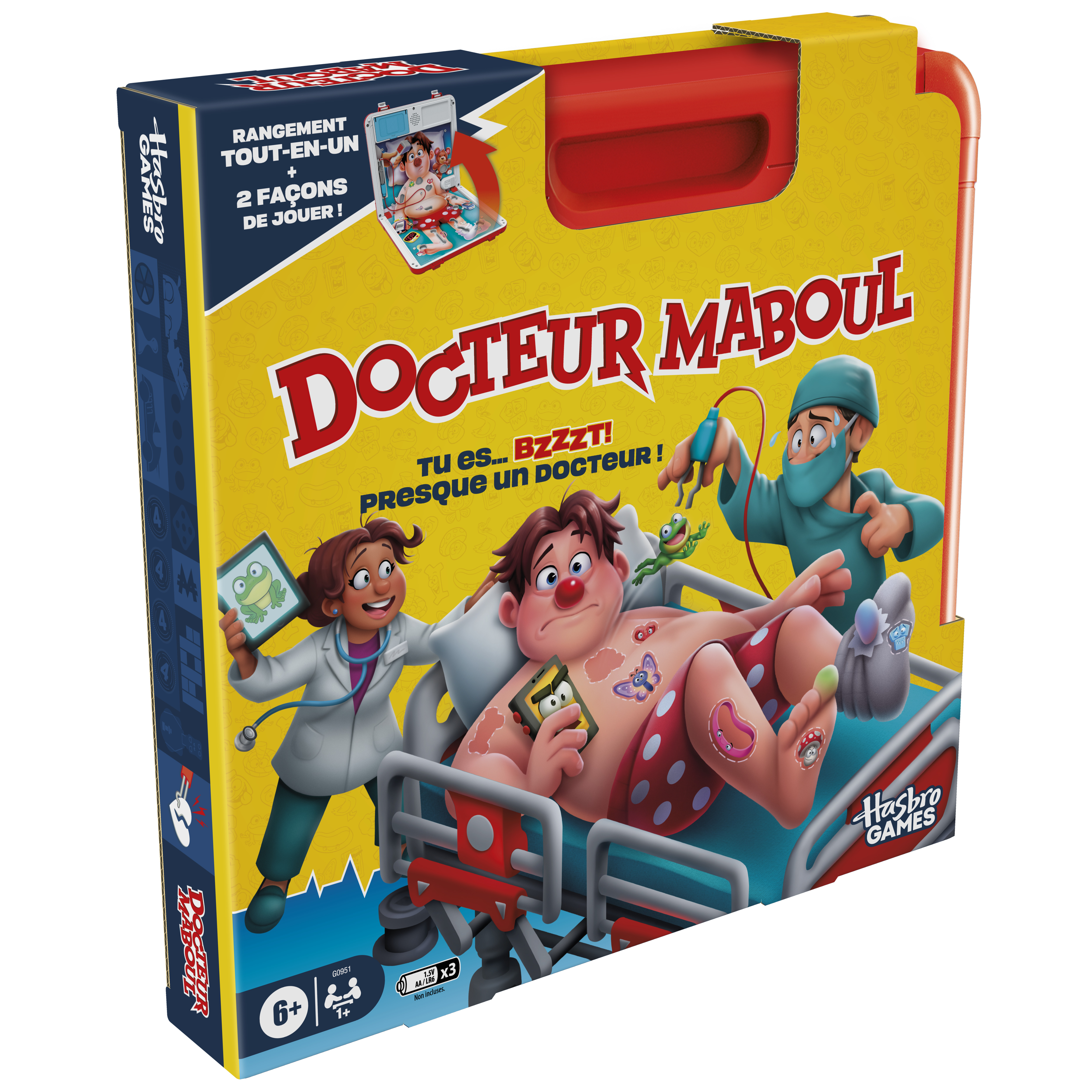 Doos van het spel Docteur Maboul. Cartoon dokter opereert een patiënt. Andere artsen en gereedschappen zijn aanwezig.