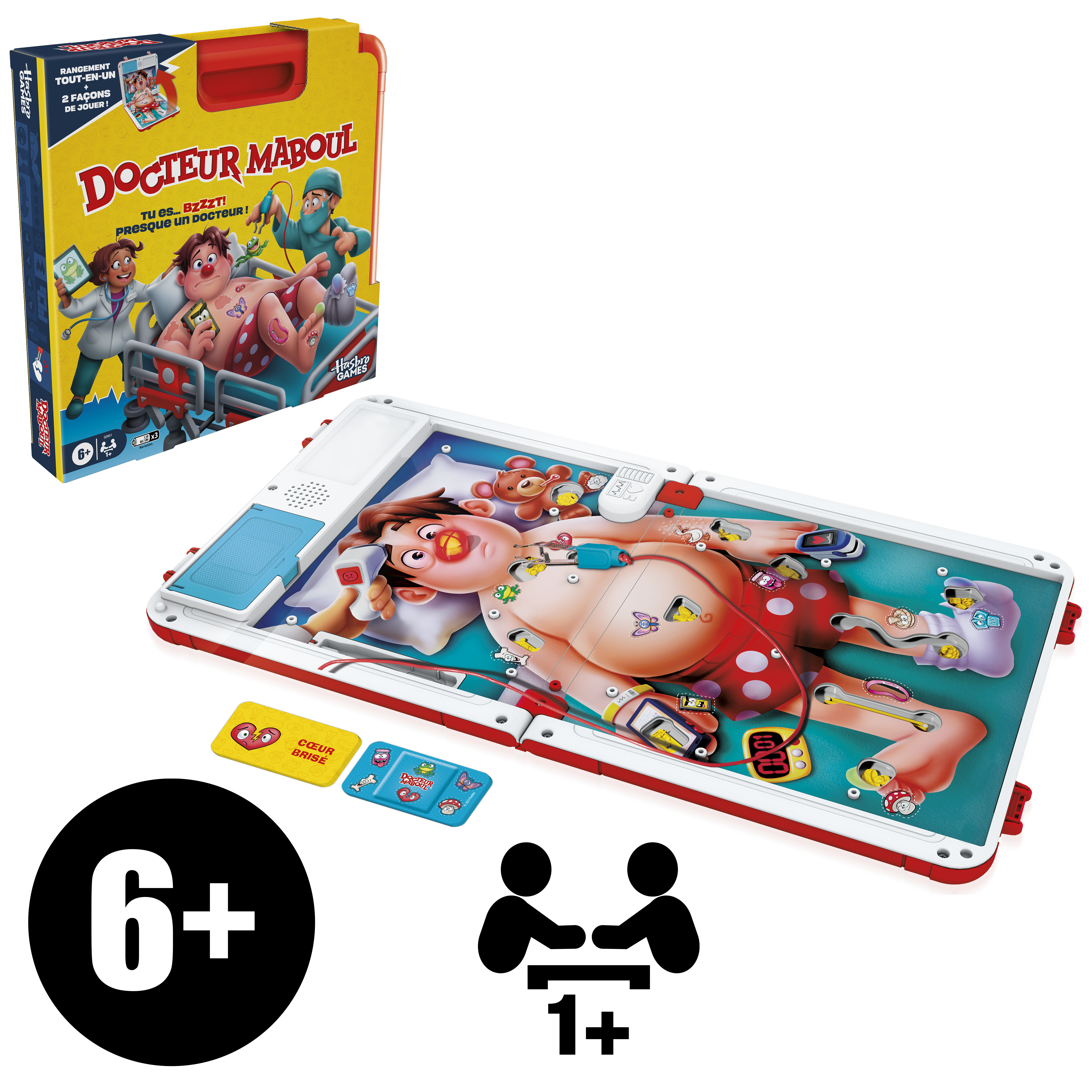Een Doctor Maboul bordspel. Het spel heeft een patiënt met aandoeningen en spelers proberen ze te verwijderen.