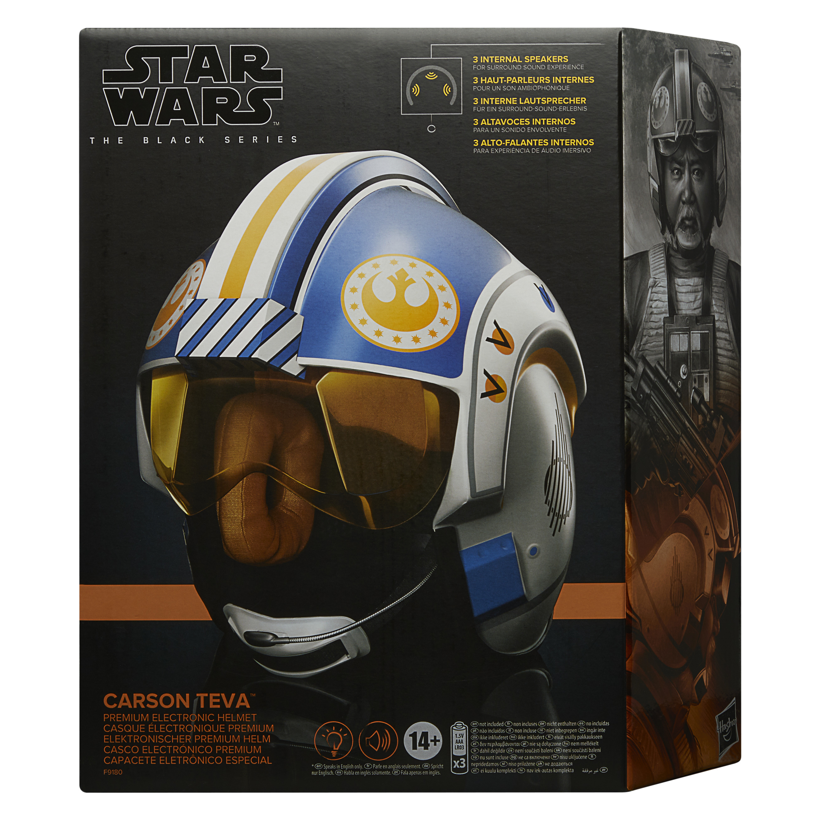 Caja de un casco de Star Wars. Es azul, blanco y amarillo con el logo de Star Wars y una imagen de personaje.