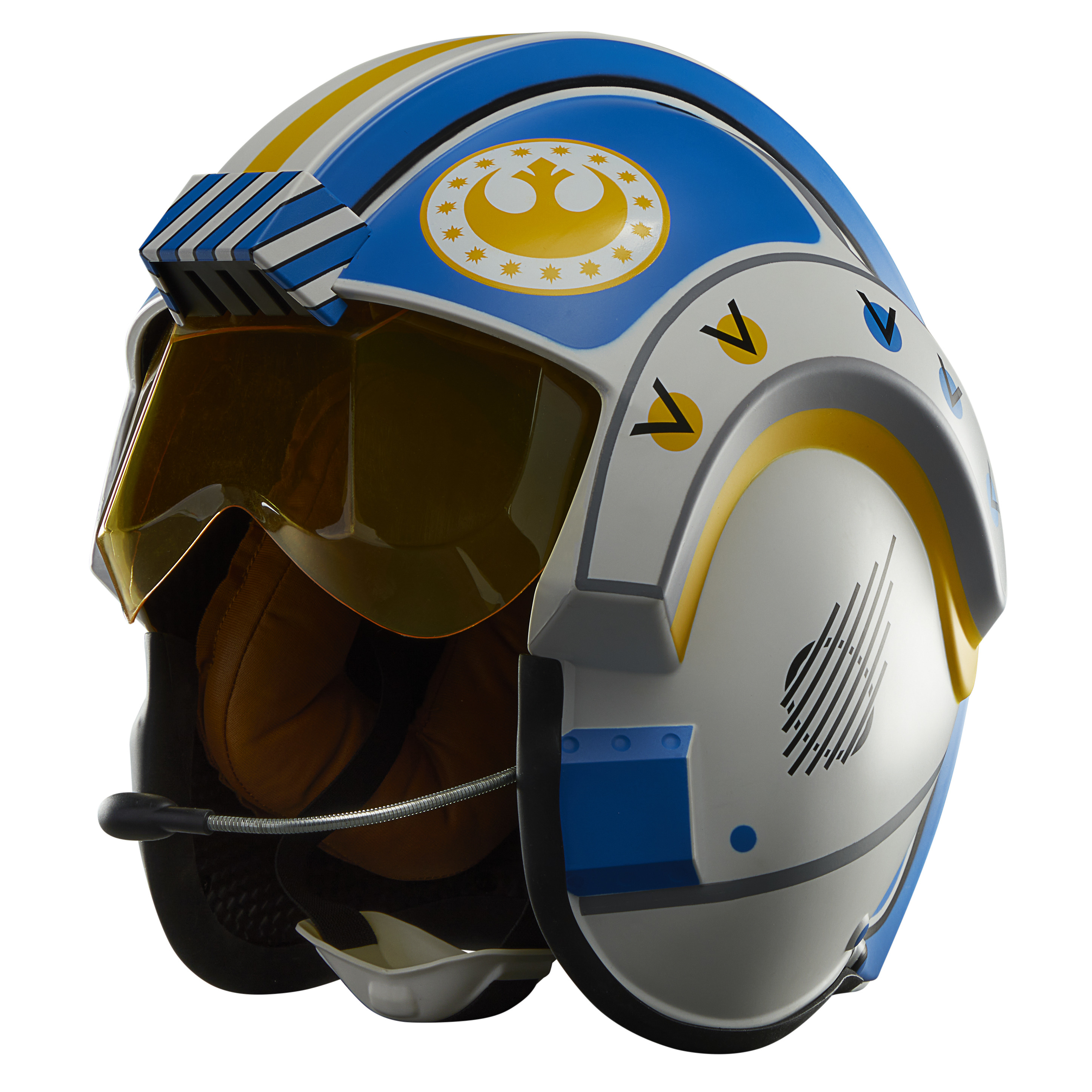 Un casco de piloto X-Wing de Star Wars. Es azul, blanco y amarillo con visera y símbolo rebelde.