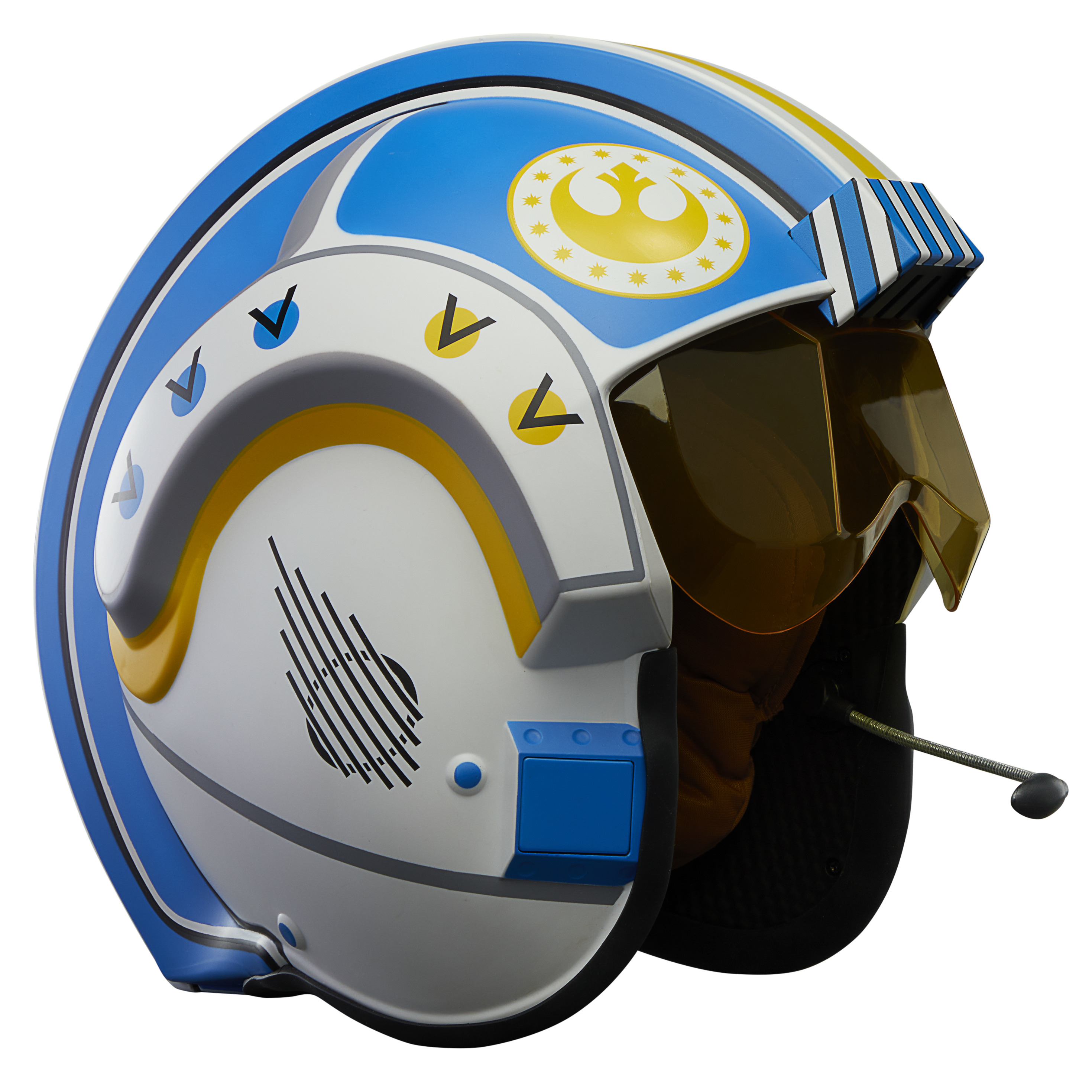 Un casco de piloto de X-Wing de Star Wars. Es blanco, azul y amarillo, con una visera. El logo de la Alianza Rebelde es visible.