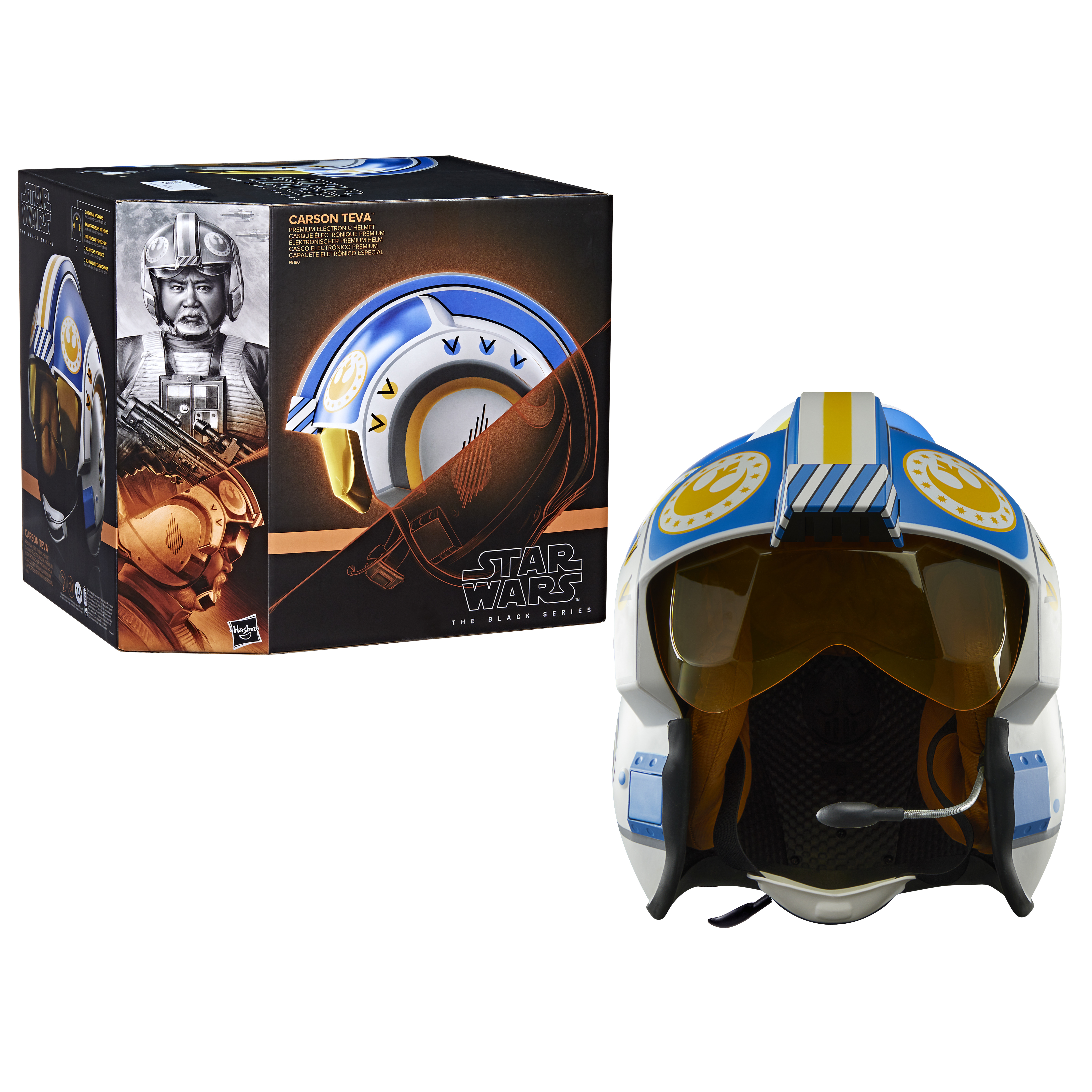Un casco y una caja de Star Wars Carson Teva. El casco es blanco, azul y amarillo con una visera amarilla.