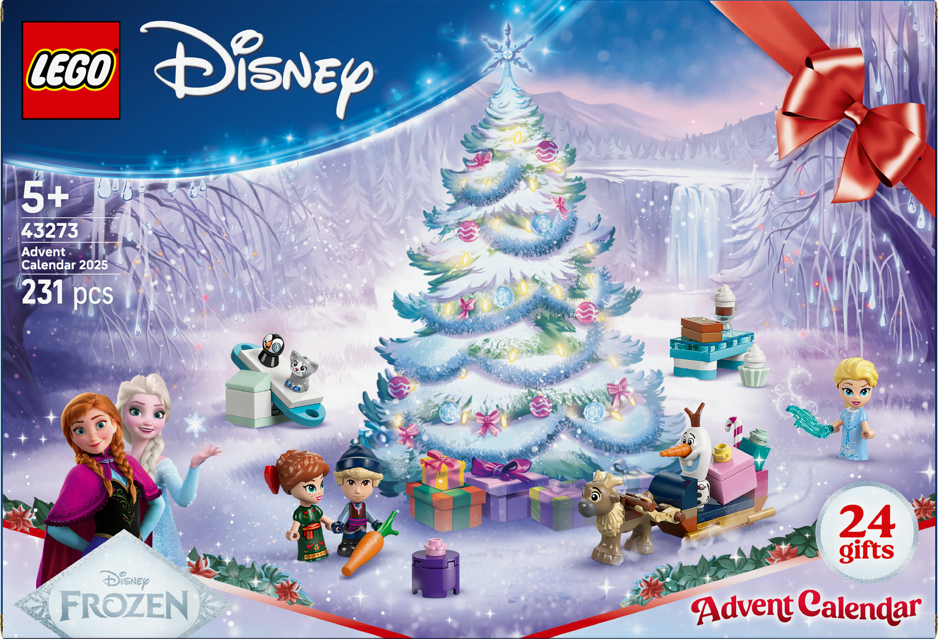 Lego Disney Frozen Adventskalender. Enthält Baum, Figuren, Geschenke und einen Schlitten. Verschneiter Winterhintergrund. 24 Geschenke.