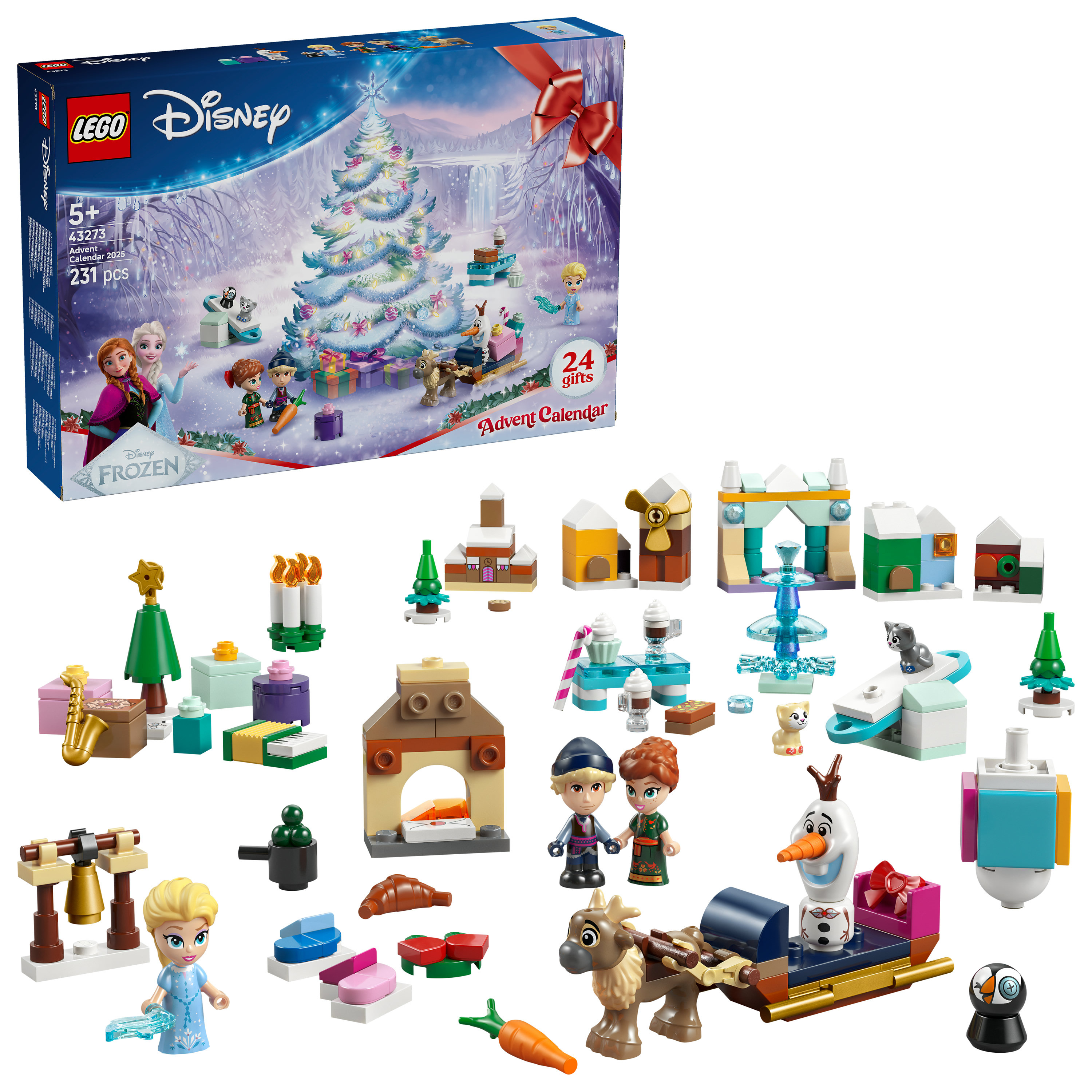 Lego Disney Frozen Adventskalender-Box mit Figuren und Miniatur-Bauten. Enthält Elsa, Olaf, Anna und Sven.