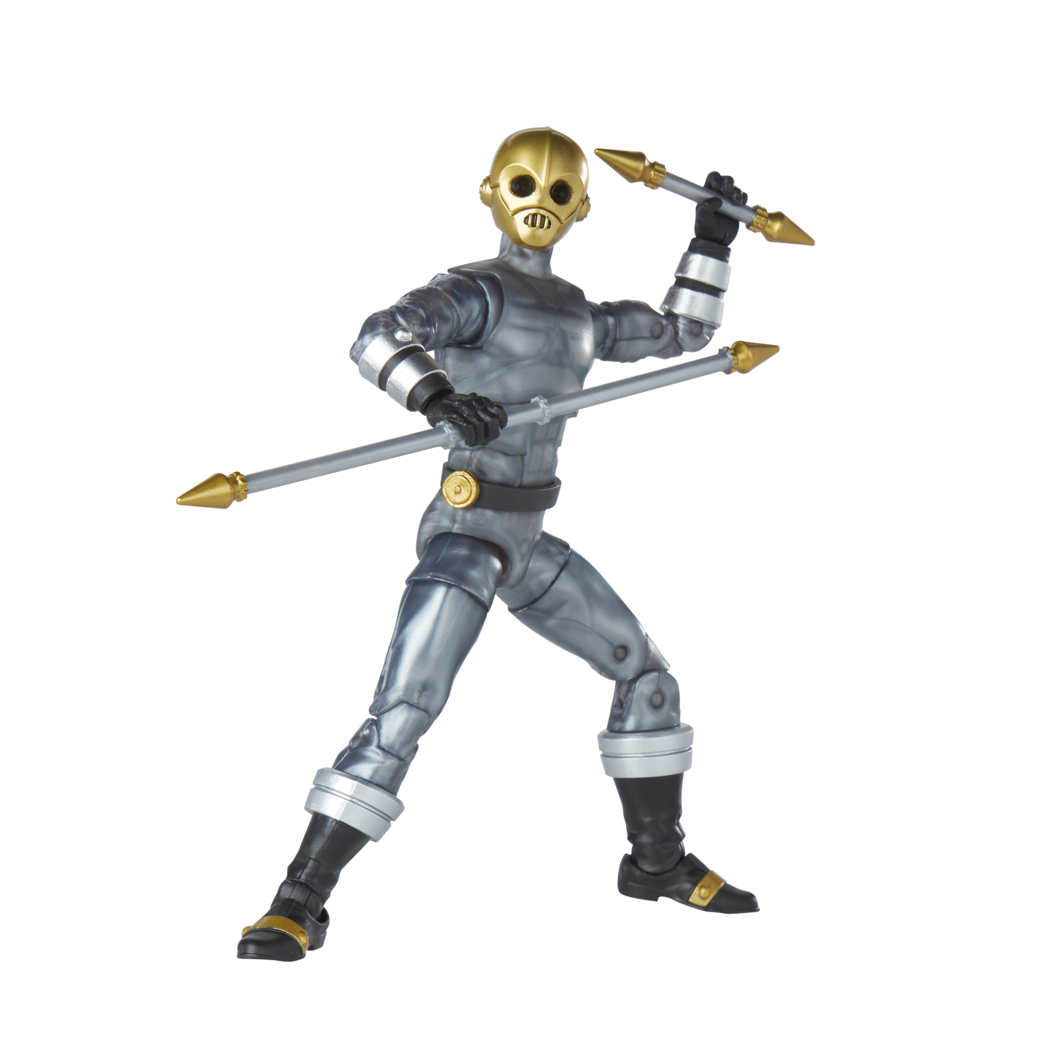 Una action figure metallica di un guerriero con maschera d'oro e due armi. È su sfondo bianco.
