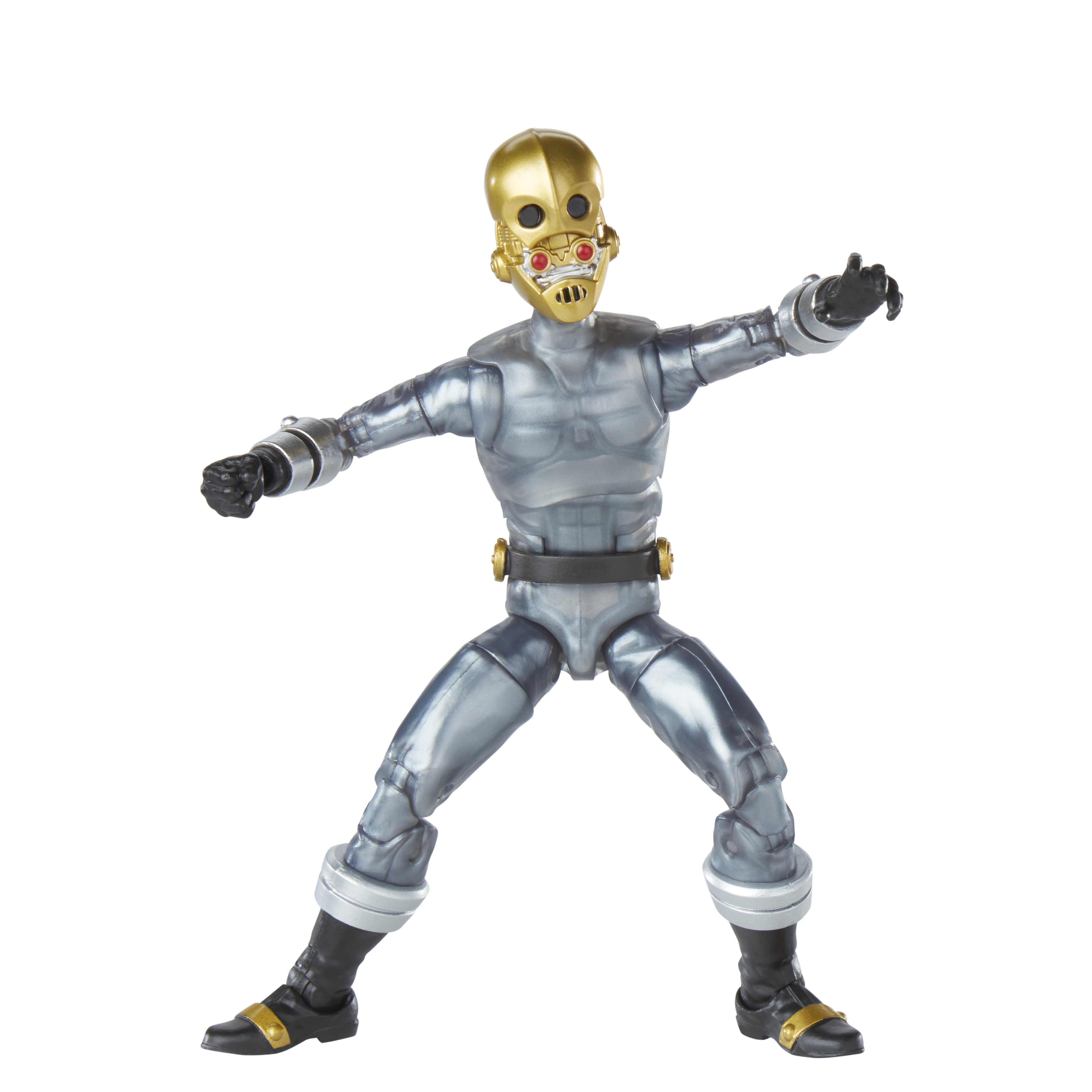Un action figure metallico con testa dorata e corpo argentato, con le braccia tese su sfondo bianco.