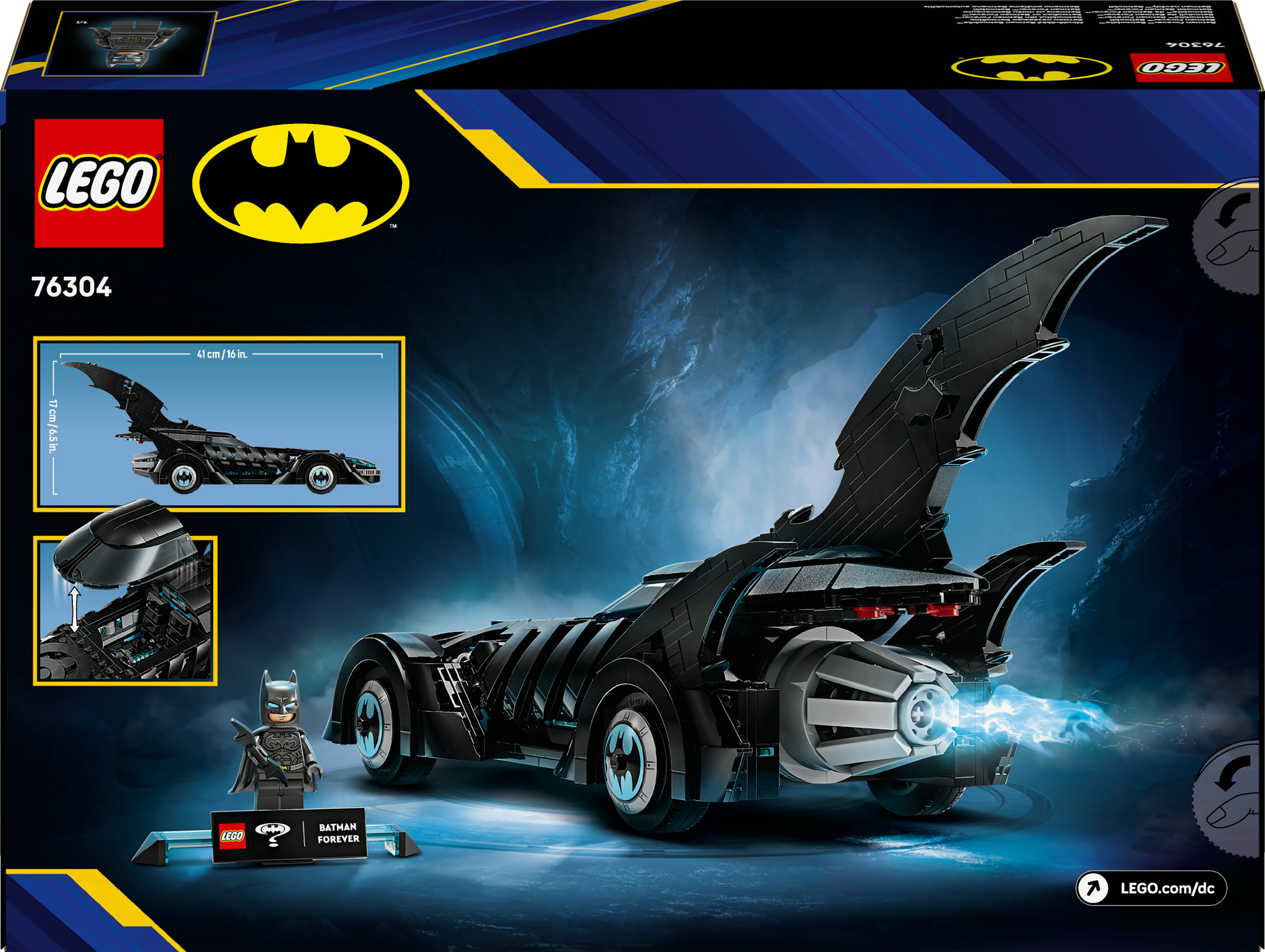 Pudełko LEGO z Batmobilem. Zawiera figurkę Batmana, logo i napis 'Batman Forever'.