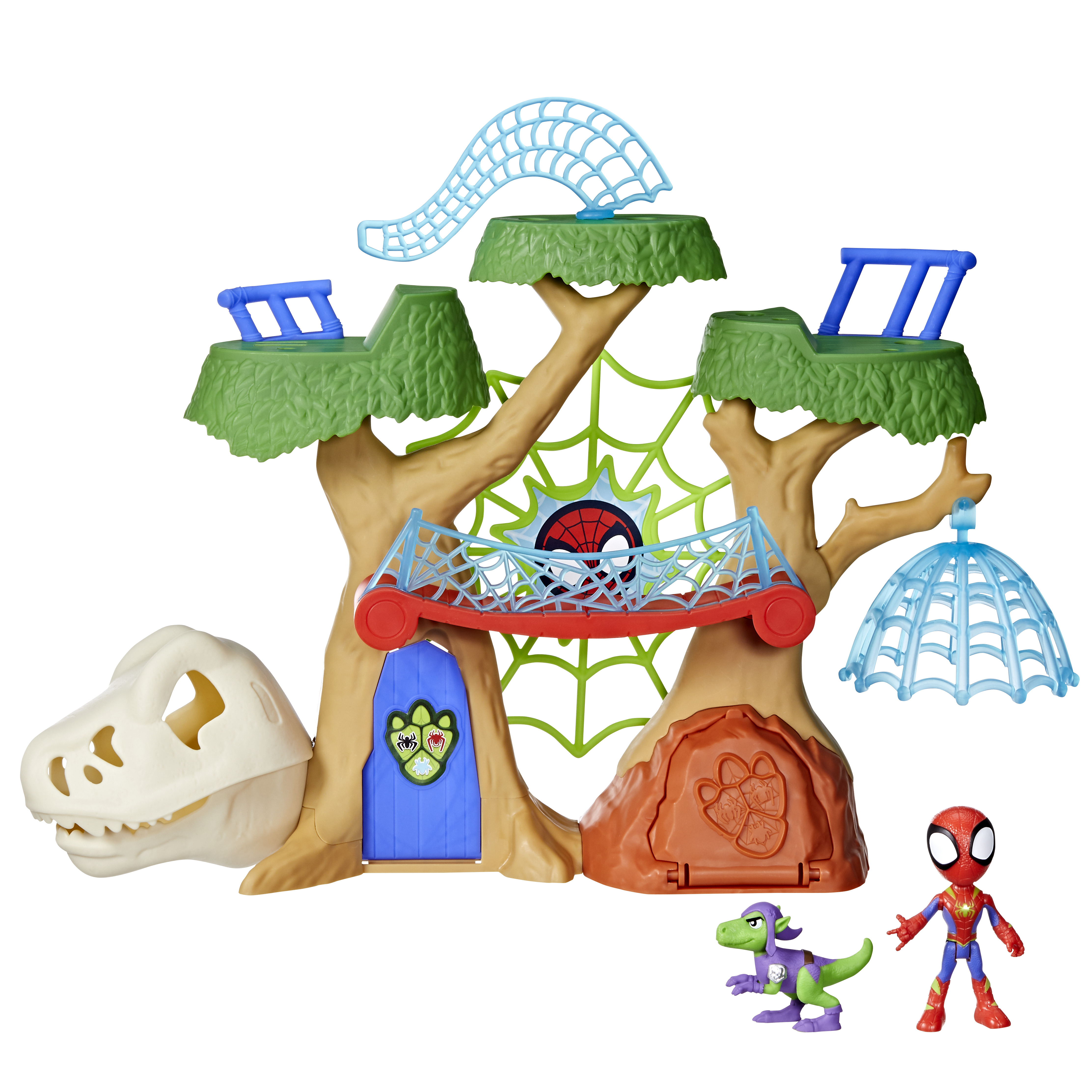 Set di giocattoli con design a casa sull'albero, personaggi di Spider-Man e Goblin, e un teschio di dinosauro.